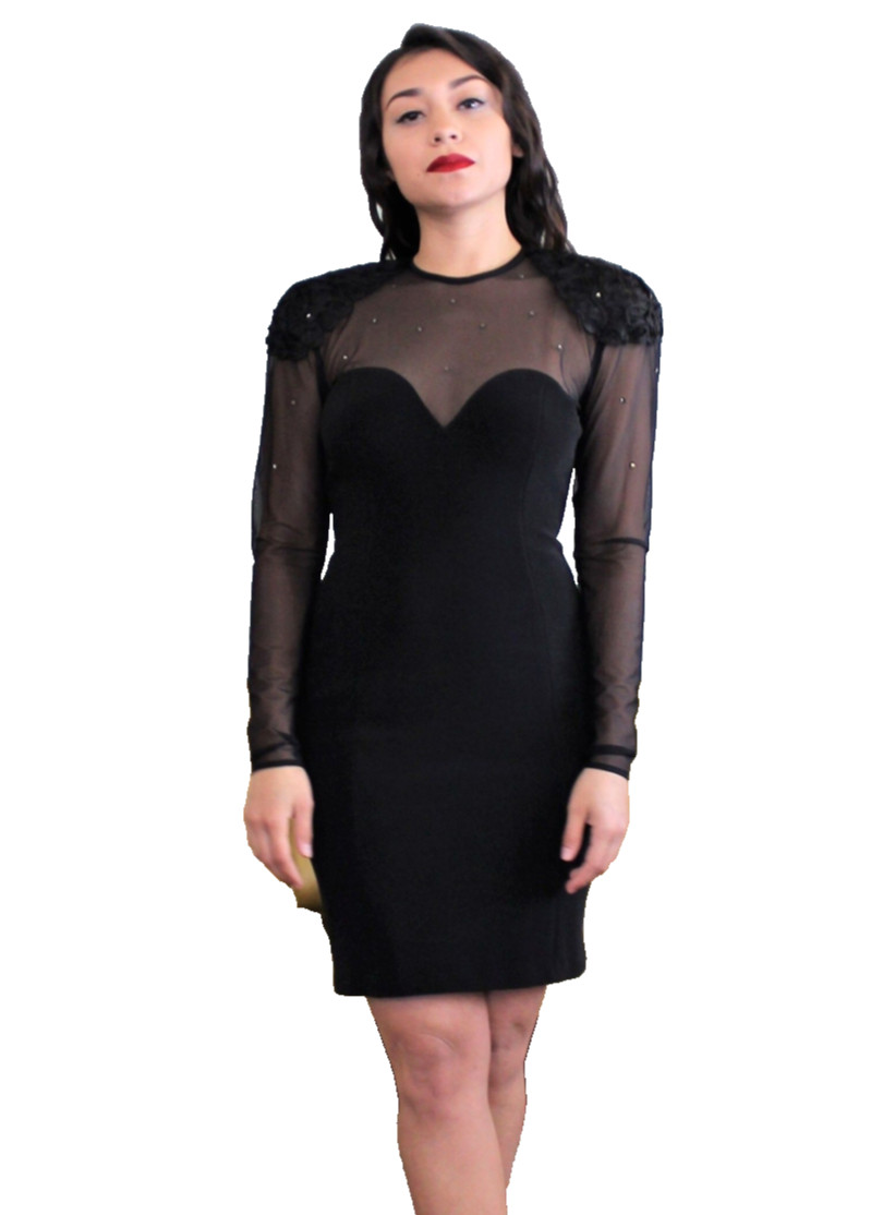 Vtg 80s HW Collection Black Bodycon Dress S Women Crystal Studded Illusion Top