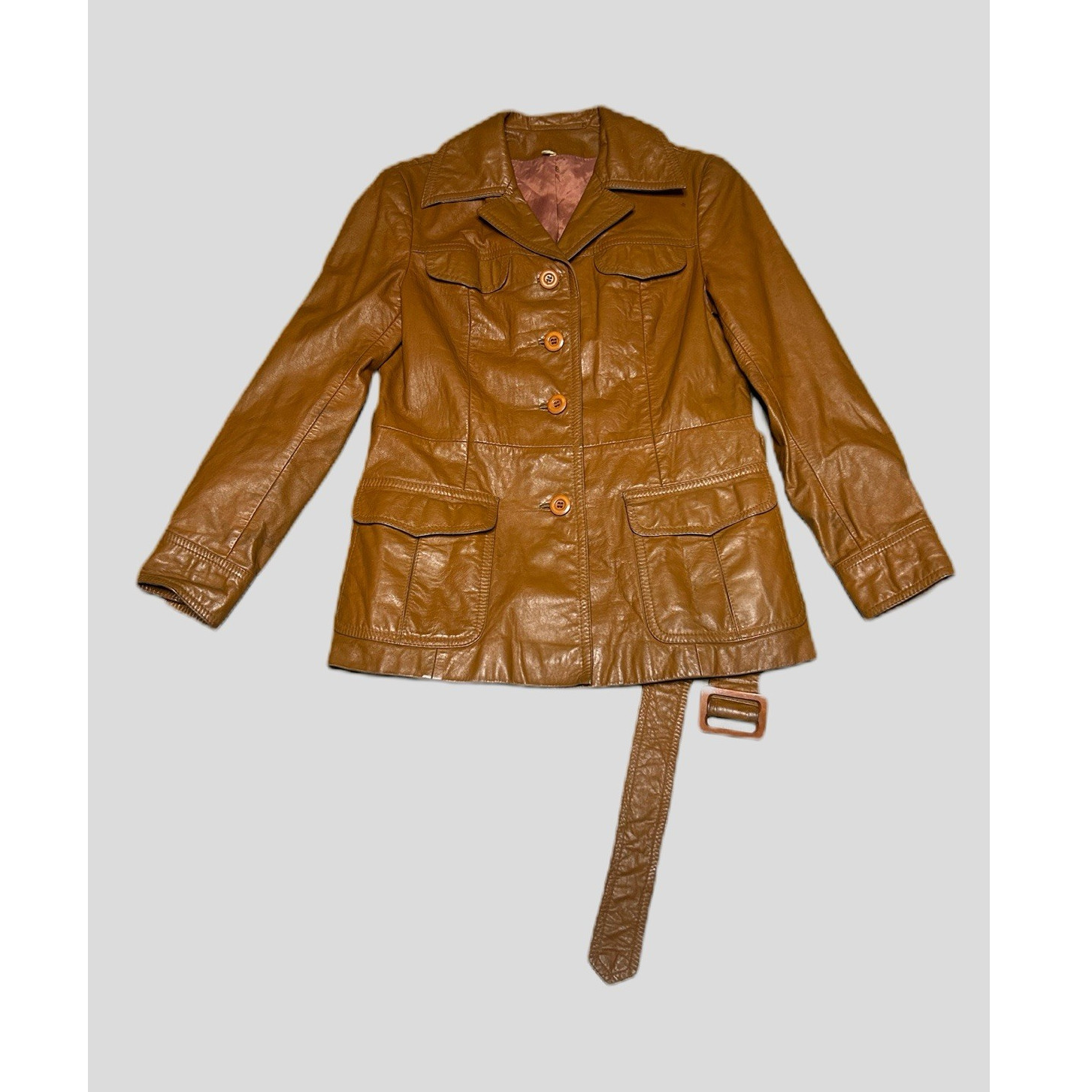 Vintage 70’s Brown 100% Leather Jacket Belted Women’s Size S Industria Argentina