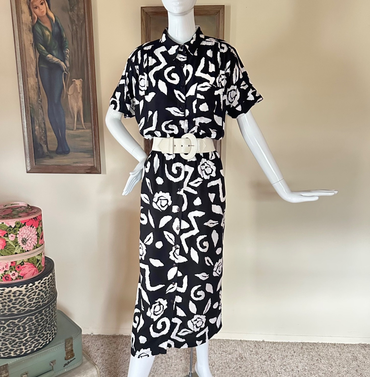 Vintage 1980s New Wave Together Abstract Print Shirtwaist Day Dress M/L