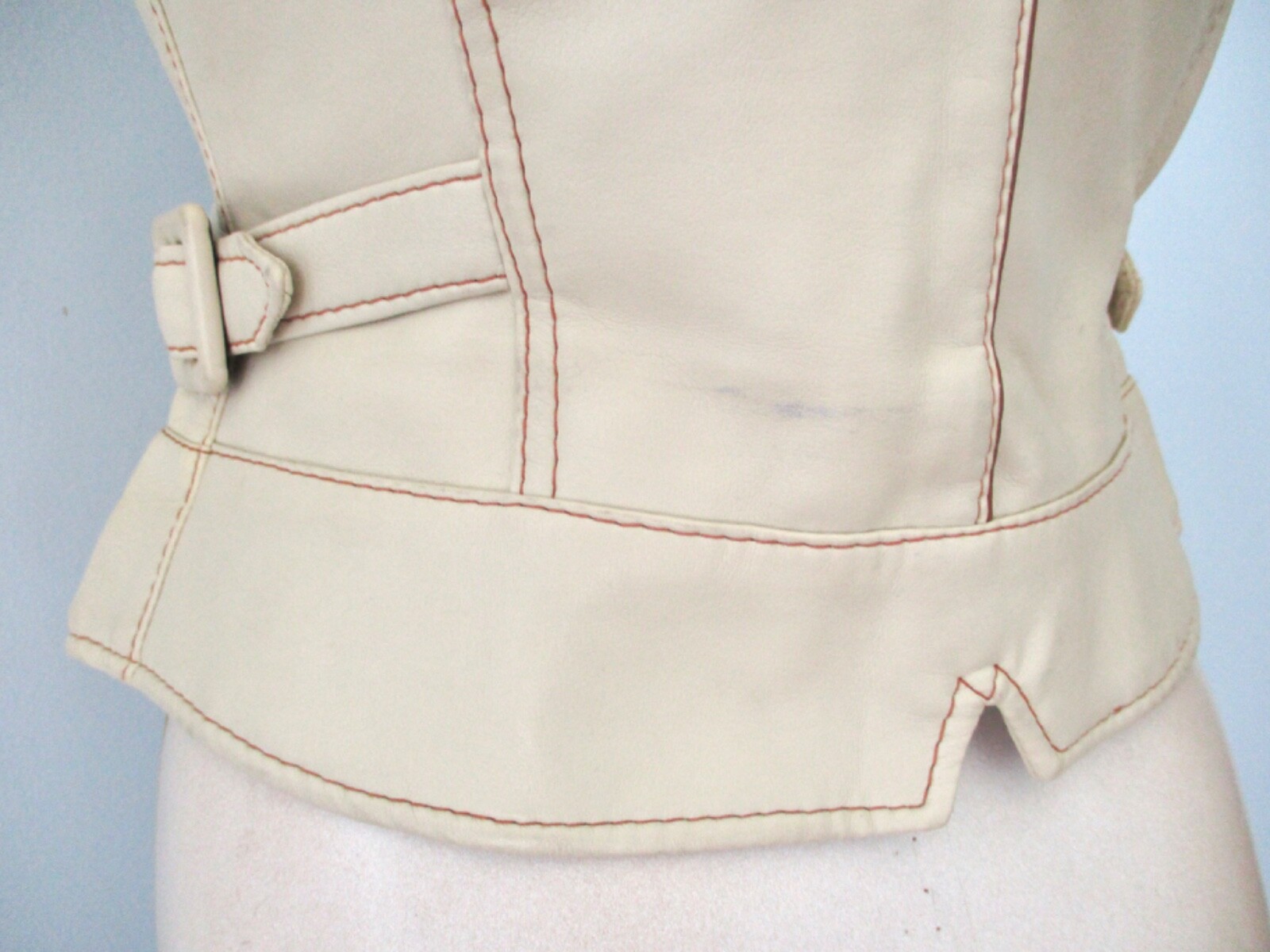 Vtg 70s 80s Beige Pleather Faux Leather Disco Vest Side Buckle Belts Washable 12