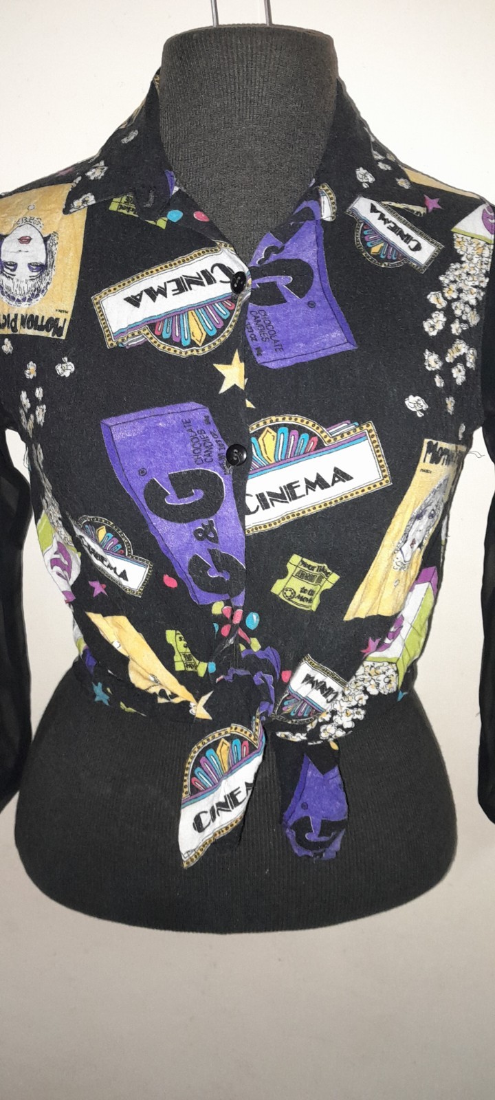 Vtg 80s 90s Movie Amy Byer RARE Cinema Noir Popcorn Print Sheer Sleeve Blouse XS
