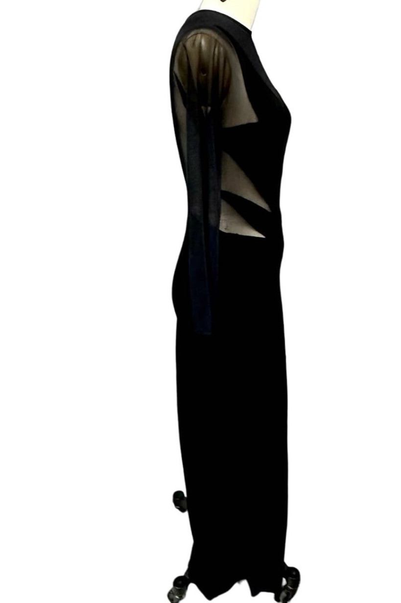 Tadashi VTG 1980s Long Black Evening Dress Sheer Cutouts Mob Wife Disco Glam M