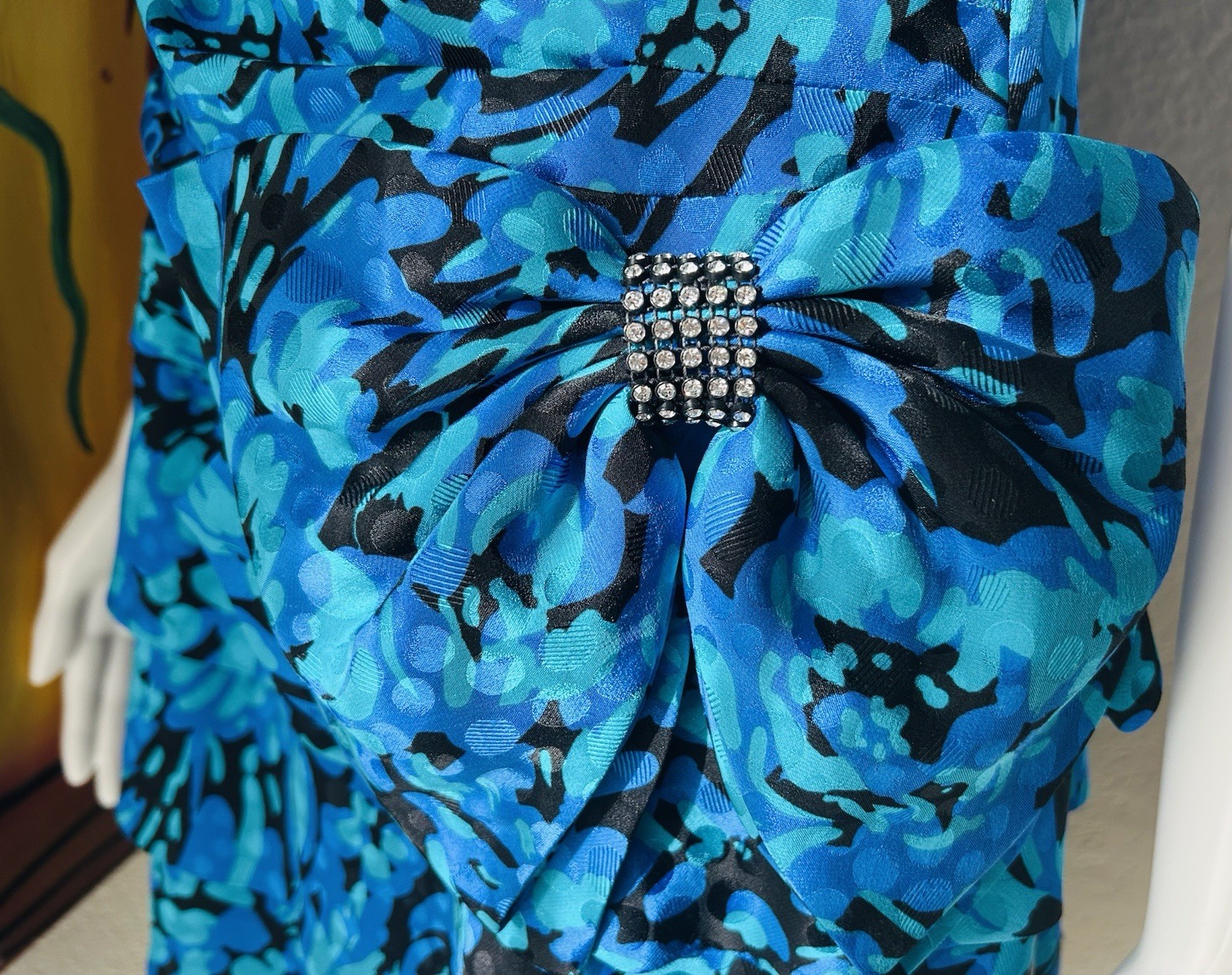 A.J. Bari Blue Floral Print Tiered Dress Bow 80s Vtg Sz 12 See Measurements