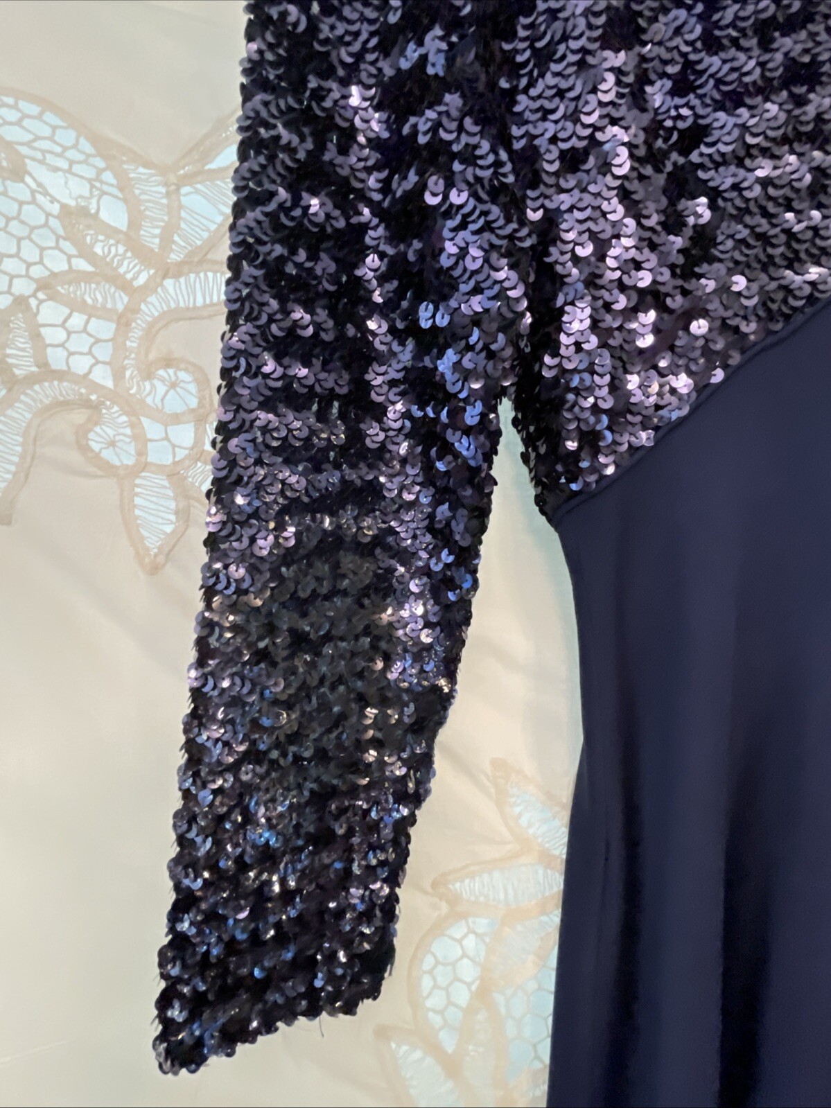 Vintage 60s 70s Blue Sequined Empire Waist Maxi Dress 34″B 53″L 27″W S XS