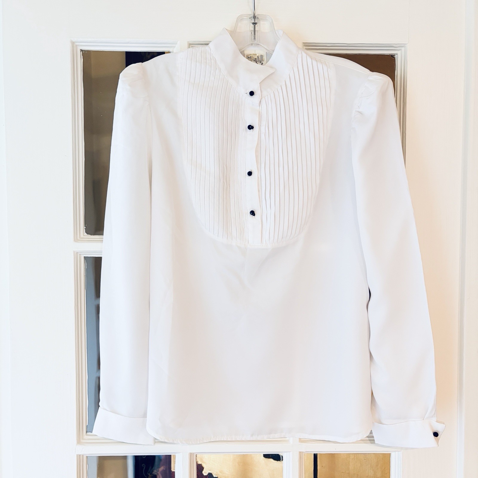 Vtg City Girl Tuxedo Top SZ M Off White Pleats Bib Puff Sleeve Prairie High Neck