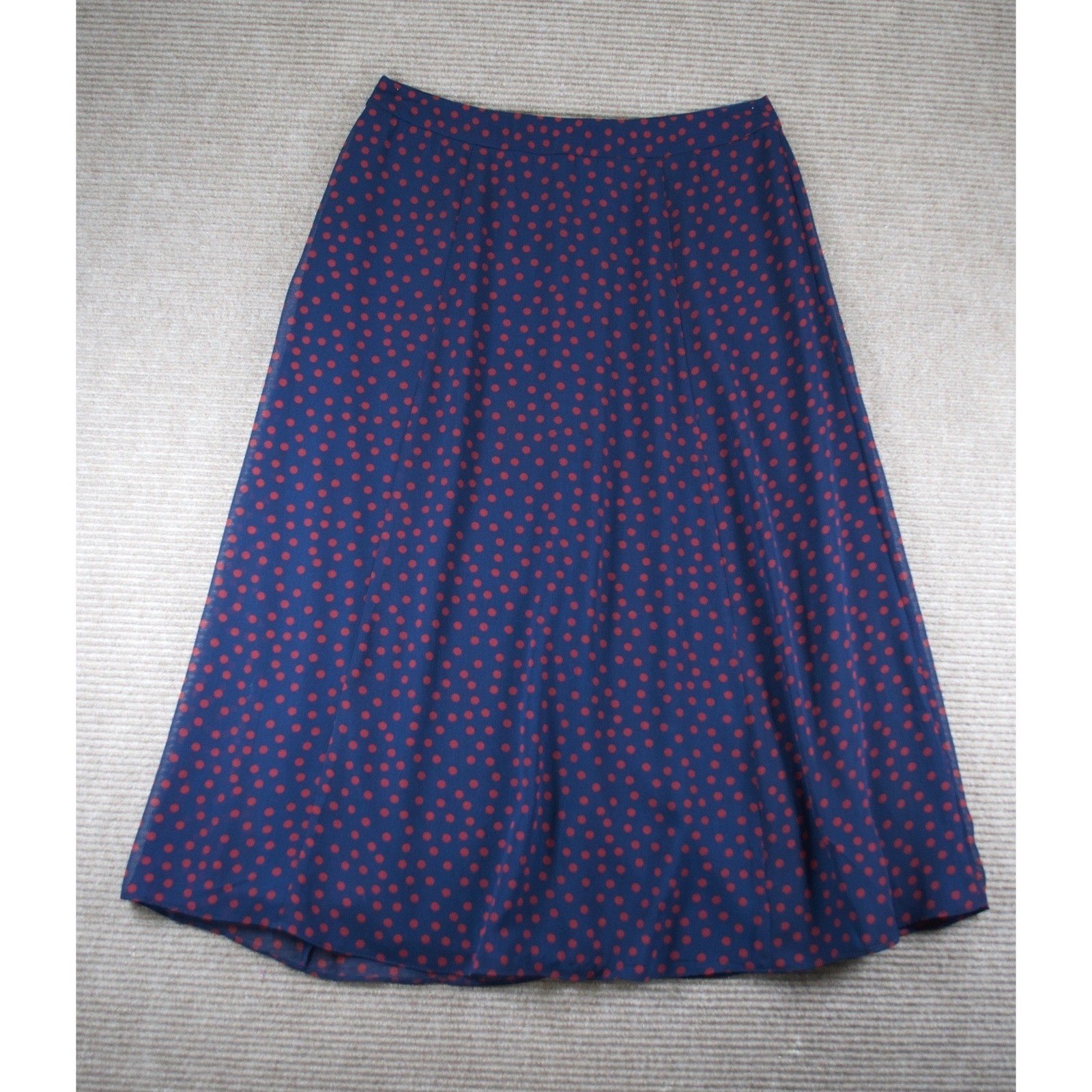 Boden Serena Navy Blue Red Polka Dot A Line Midi Skirt Twee Preppy Chiffon Sz 12