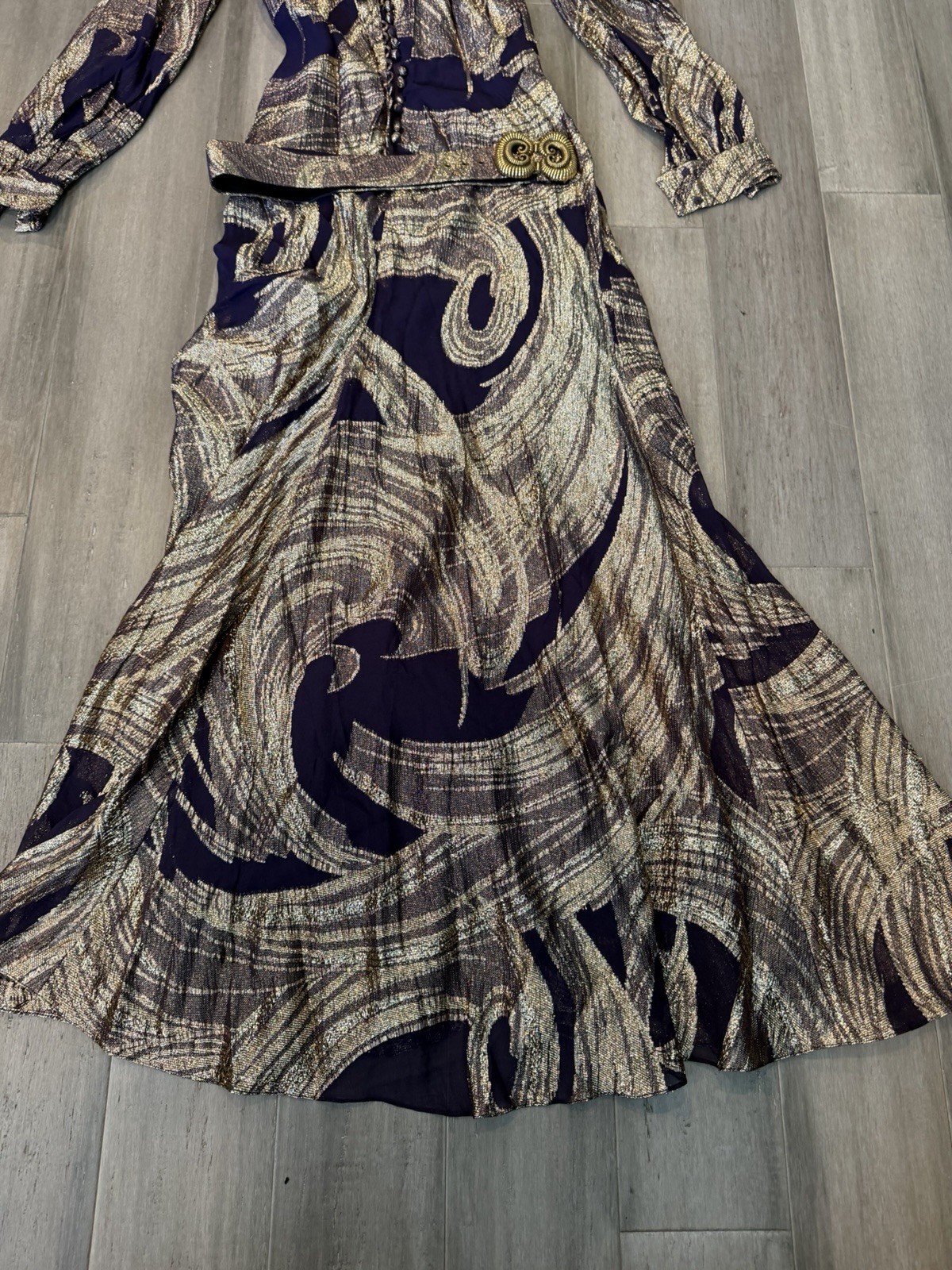 Vintage Oscar De La Renta Boutique Metallic Maxi Dress Purple Gold Floral Small