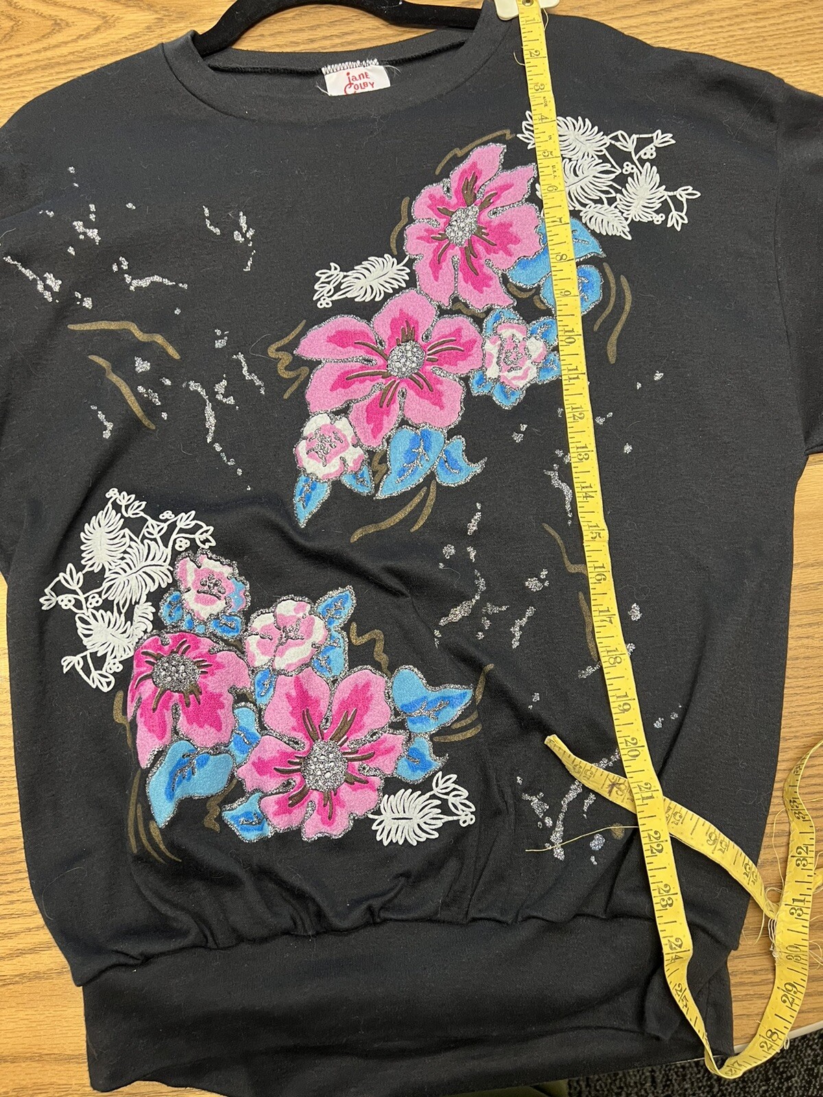 Vintage 80’s AMAZING black Batwing Sweatshirt Blouse Floral Metallic M Art