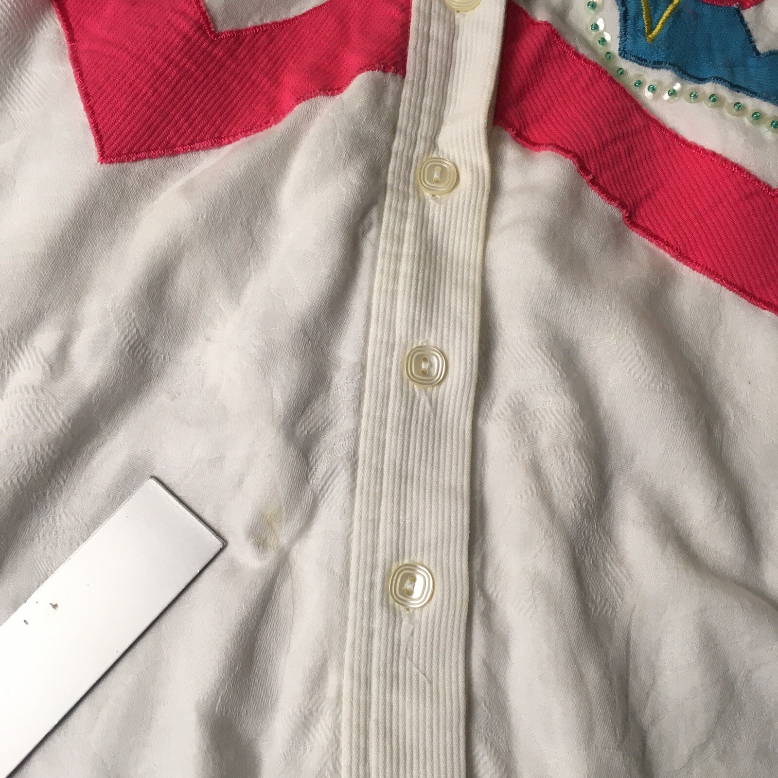 Marc D’alcy White Blouse With Geometric Patches and Beads 1980s Vintage