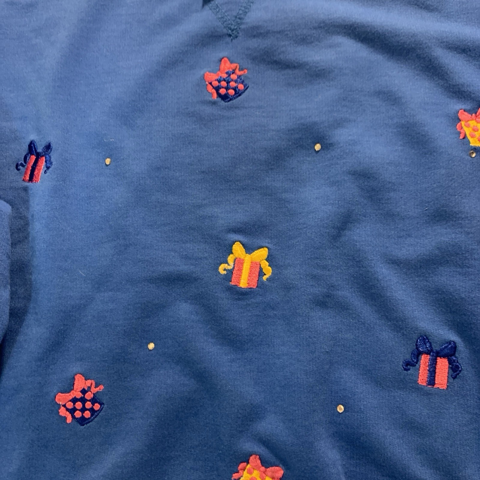 1990’s Vintage The Quacker Factory Blue Embroidered Multi Colored Gifts Sweater