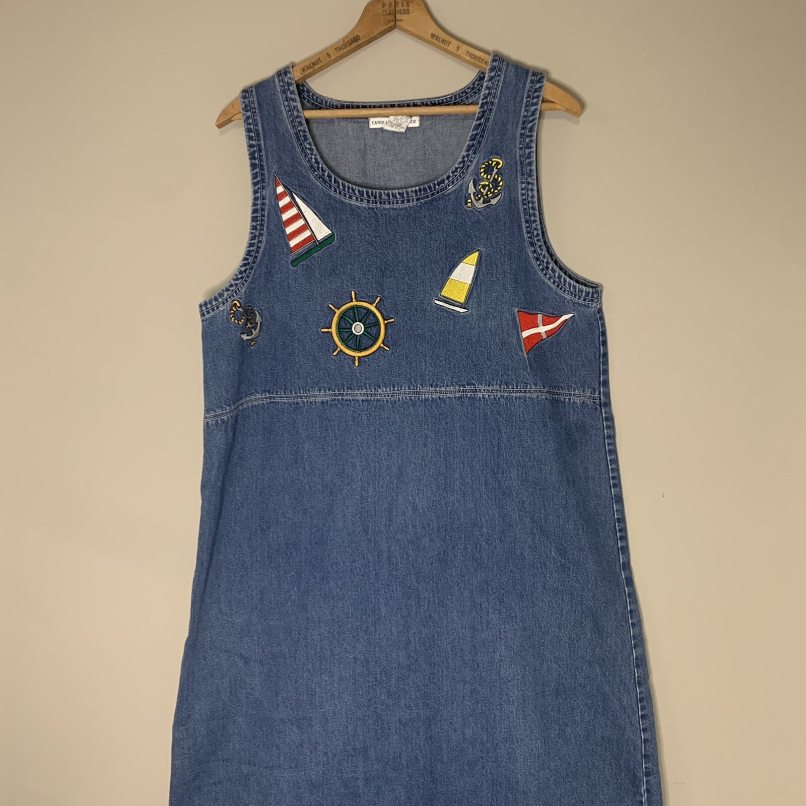 VTG Nautical Sailing Boat Midi Denim Jean Dress 90s Boxy Fit Womens Large