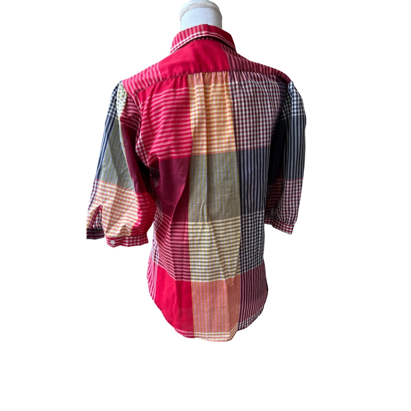 Cheryl Tiegs Vintage 80s Patchwork Plaid Button Down Shirt Red Multi Women’s Med