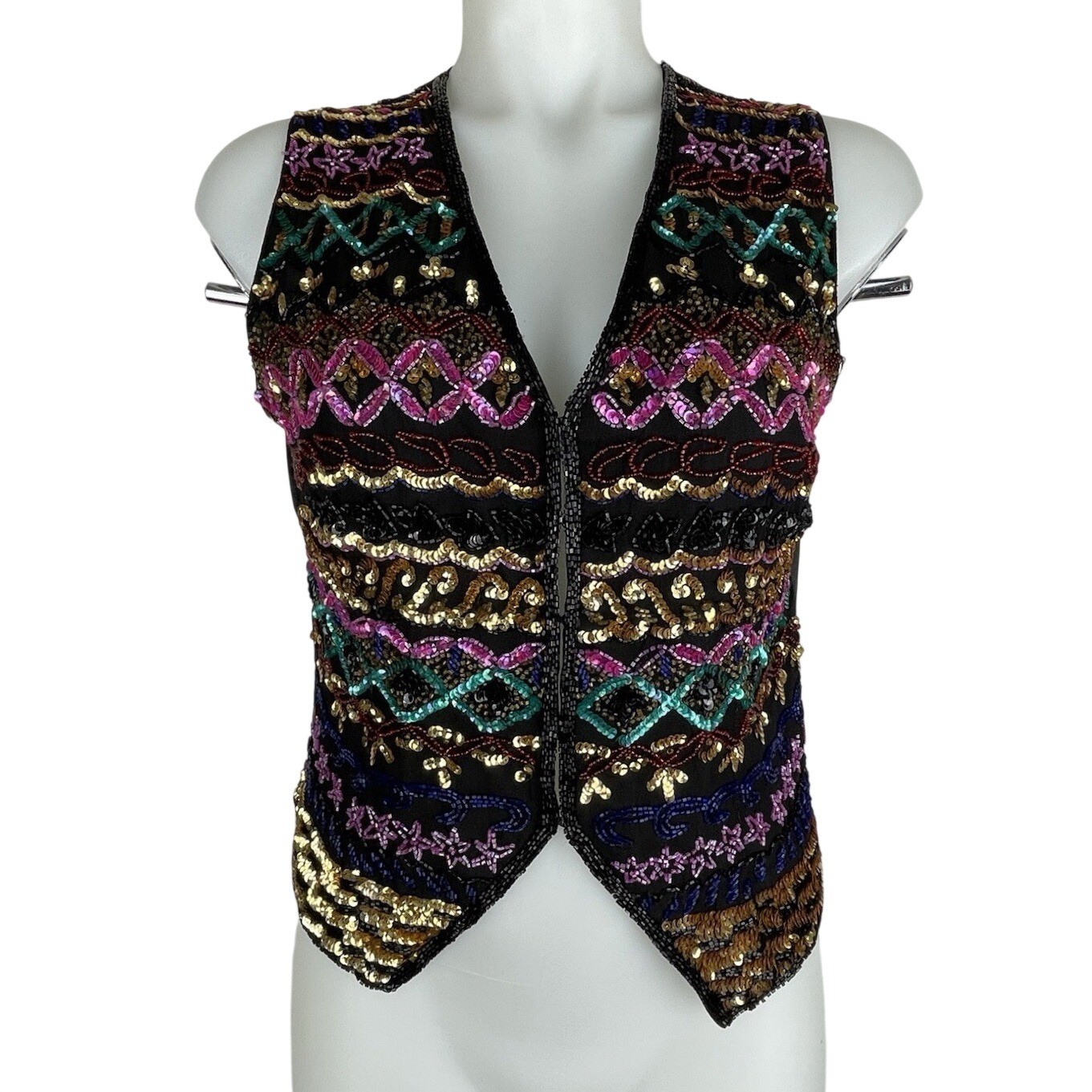 VTG 90s Niteline By Della Roufogali Sequin Beaded Multi Colored SILK Vest SZ M