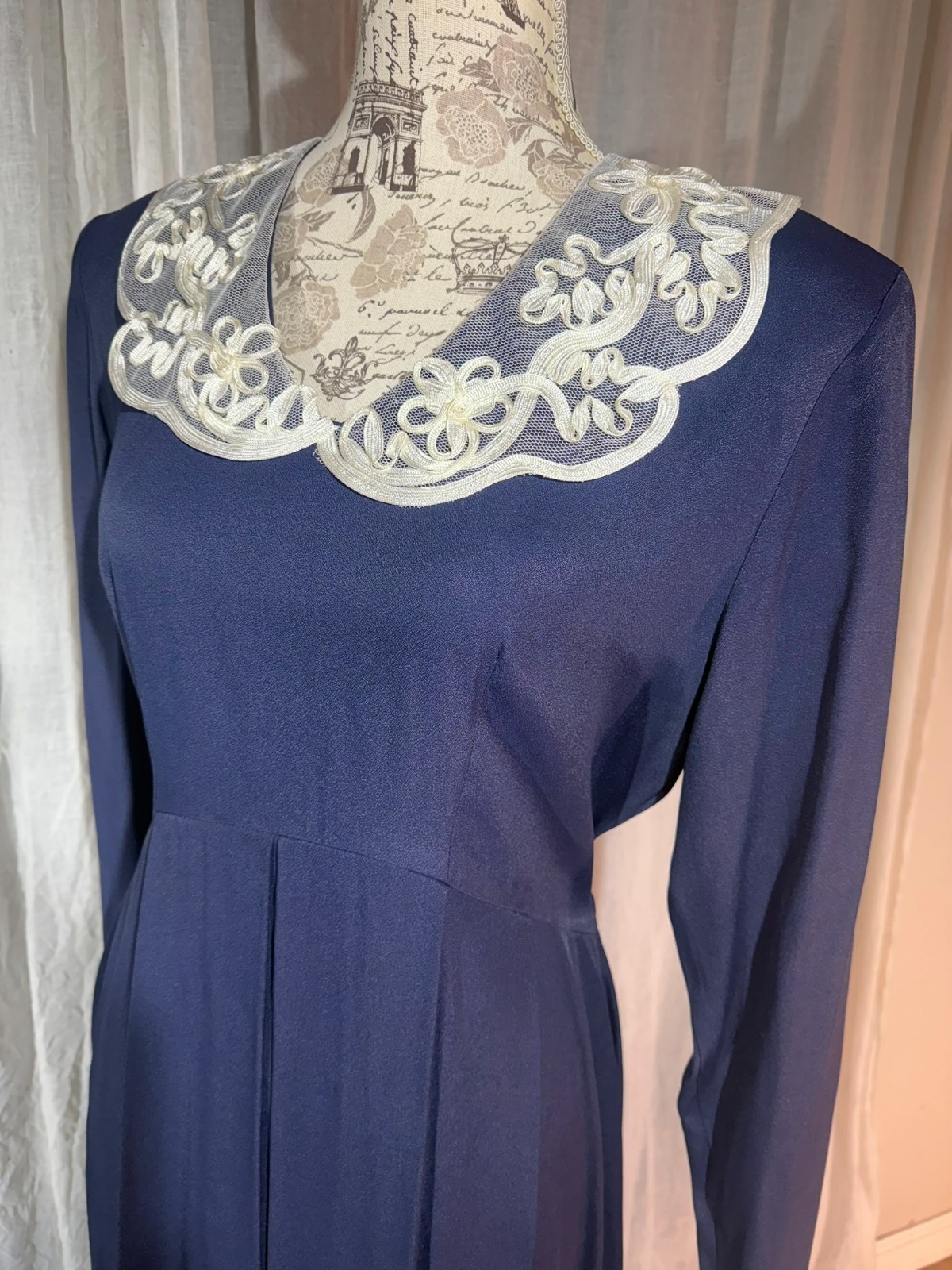 Deadstock NWT Vtg 90s EXPO Midi Dress Iridescent Navy LACE Soutache Collar 12