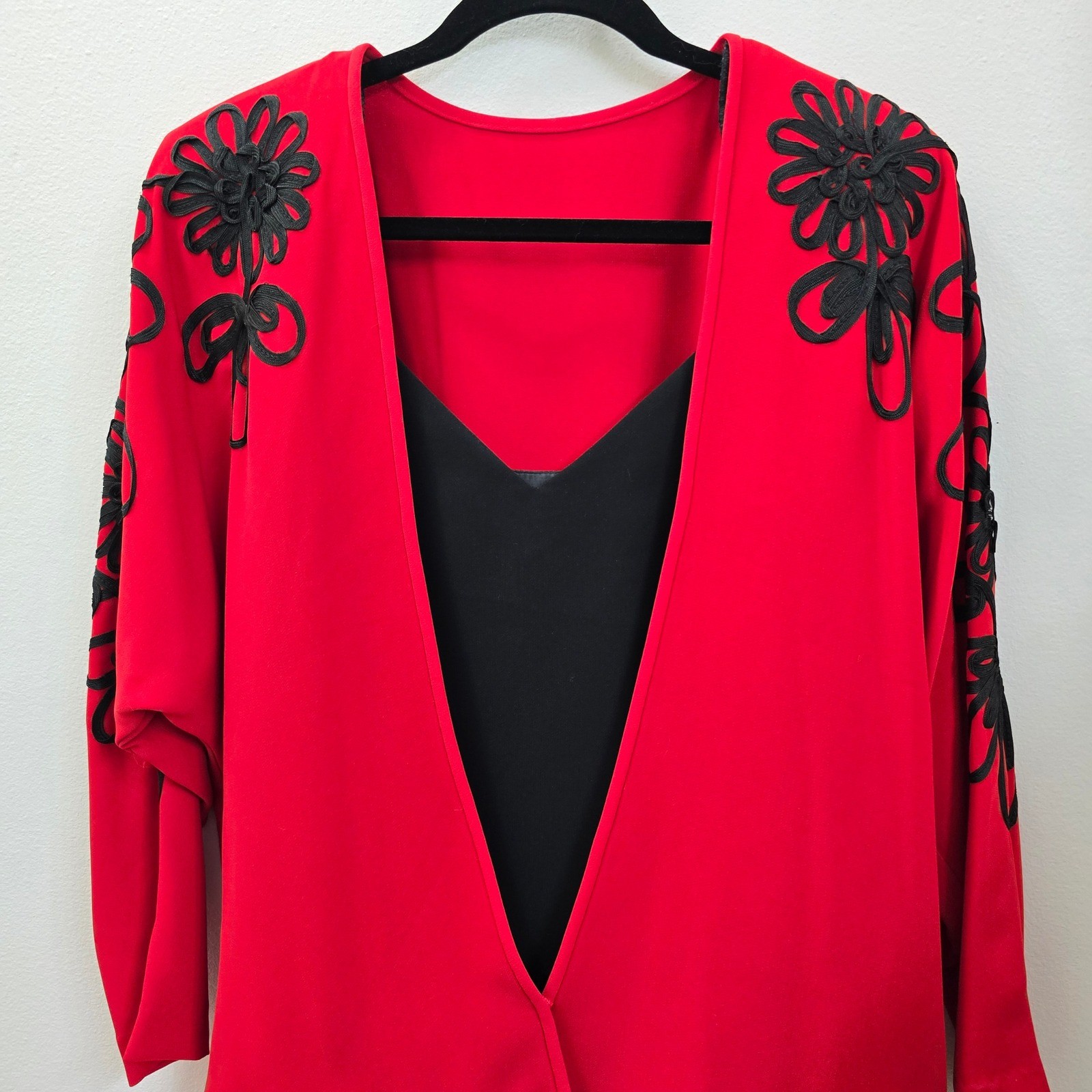 Vintage Casadei Red Black Fringe Soutache Floral Evening Dress Size 10 USA Made