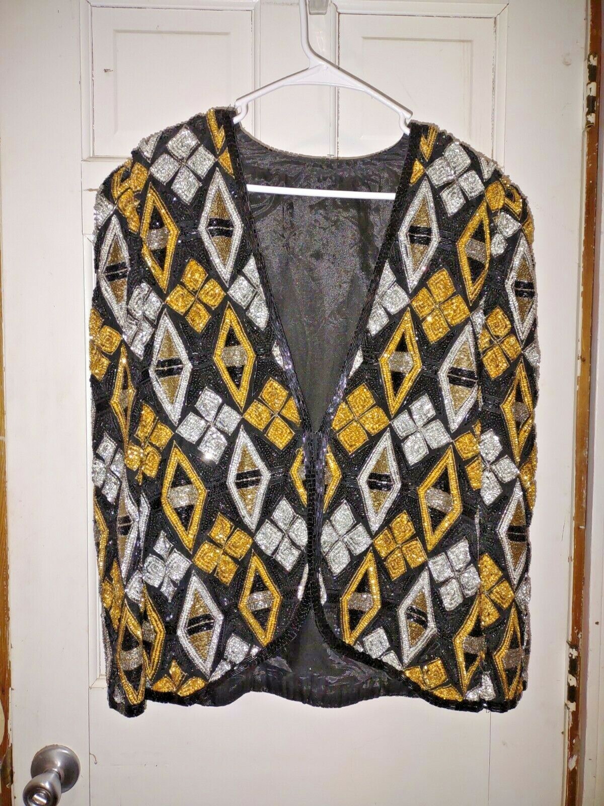 Vintage 90s Black and Gold Sequin Jacket, Embellished Cardigan – Sz M (see meas.