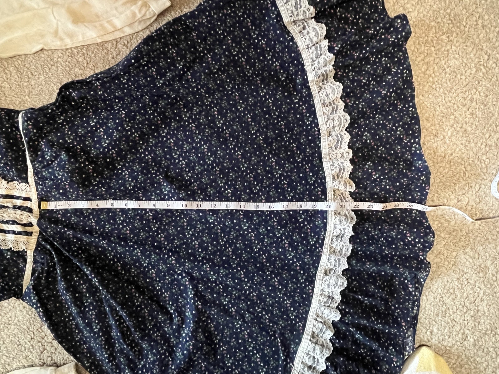 Gunne Sax 1970s Blue Prairie Dress Lace Trim Long Sleeve Vintage