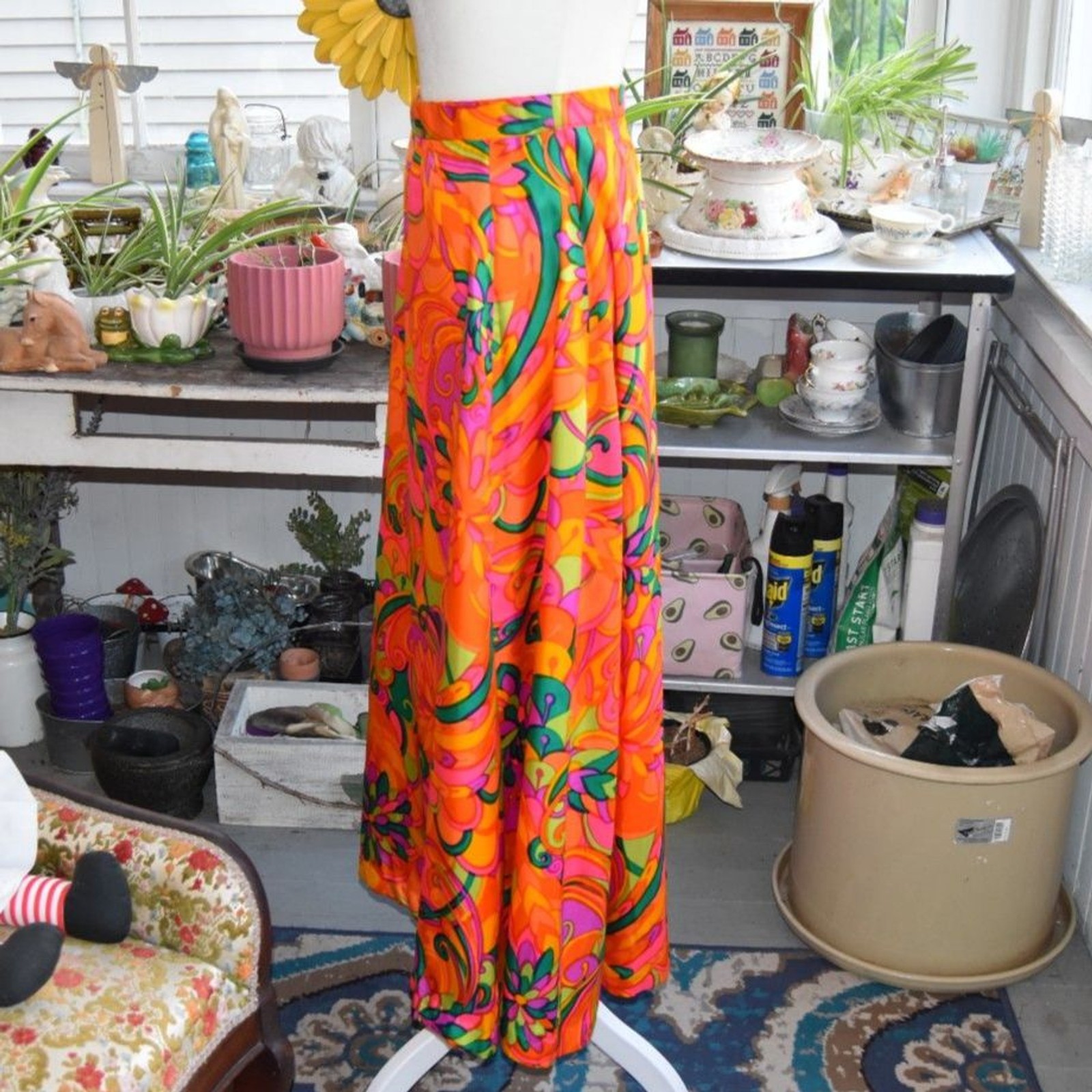 Vintage 70s Psychedelic Maxi Skirt Neon Floral Mod Hippie XS 26 Waist