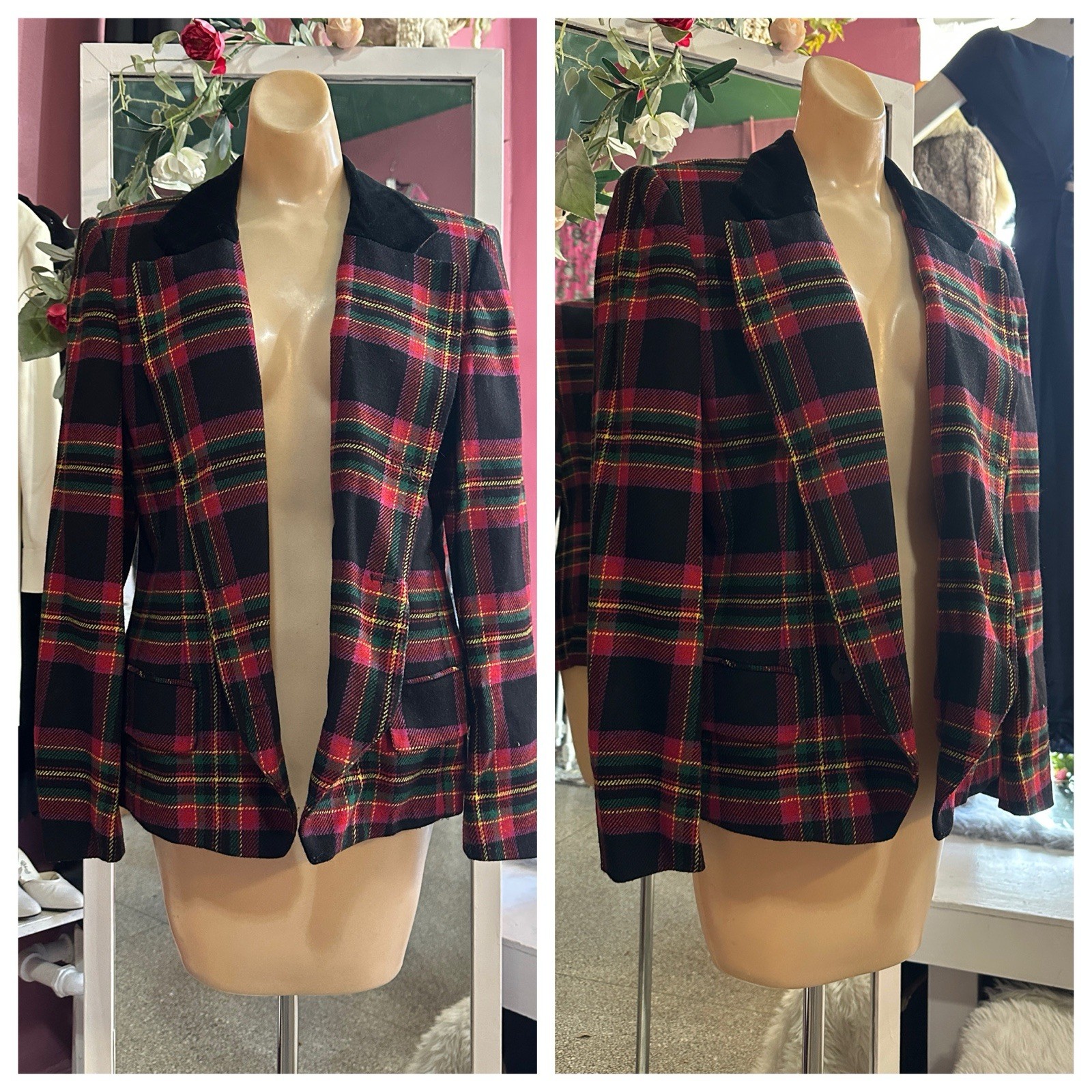 Vintage 80s 90s Structured Blazer Plaid Purple Green Holiday Tailored Diana M