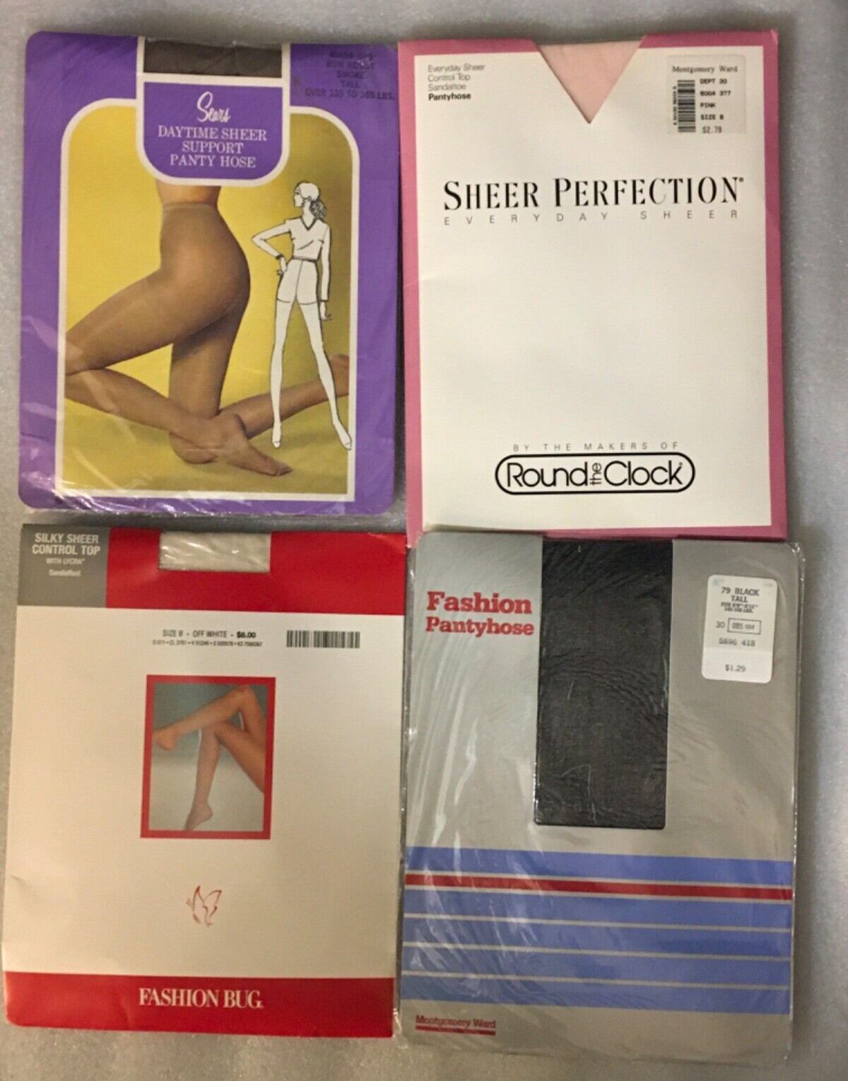 (4)NOS Pantyhose Round Clock Fashion Bug Sears Control Top Pink Black TALL