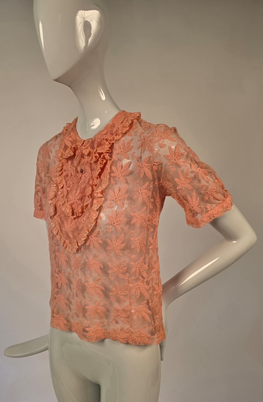 1930’S PINK EMBROIDERED NET LACE BLOUSE W RUFFLED FRONT