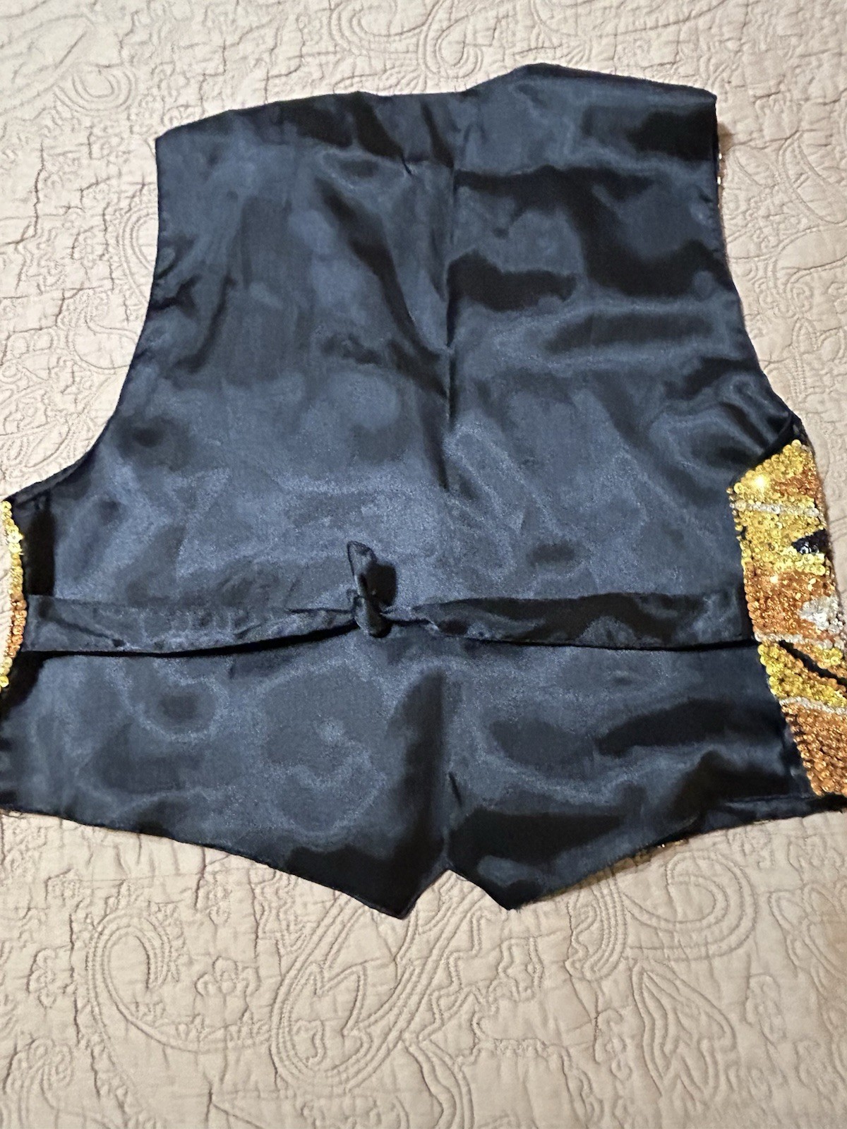 VTG Womans Size L Vest Sequin Beaded Gold Handmade Adj waist Casino Dealer