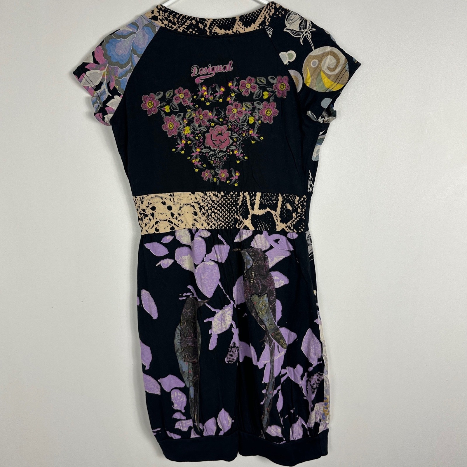Desigual Y2K Floral Mini Dress Womens Size Large Pockets V-Neck Art Deco 11V2110