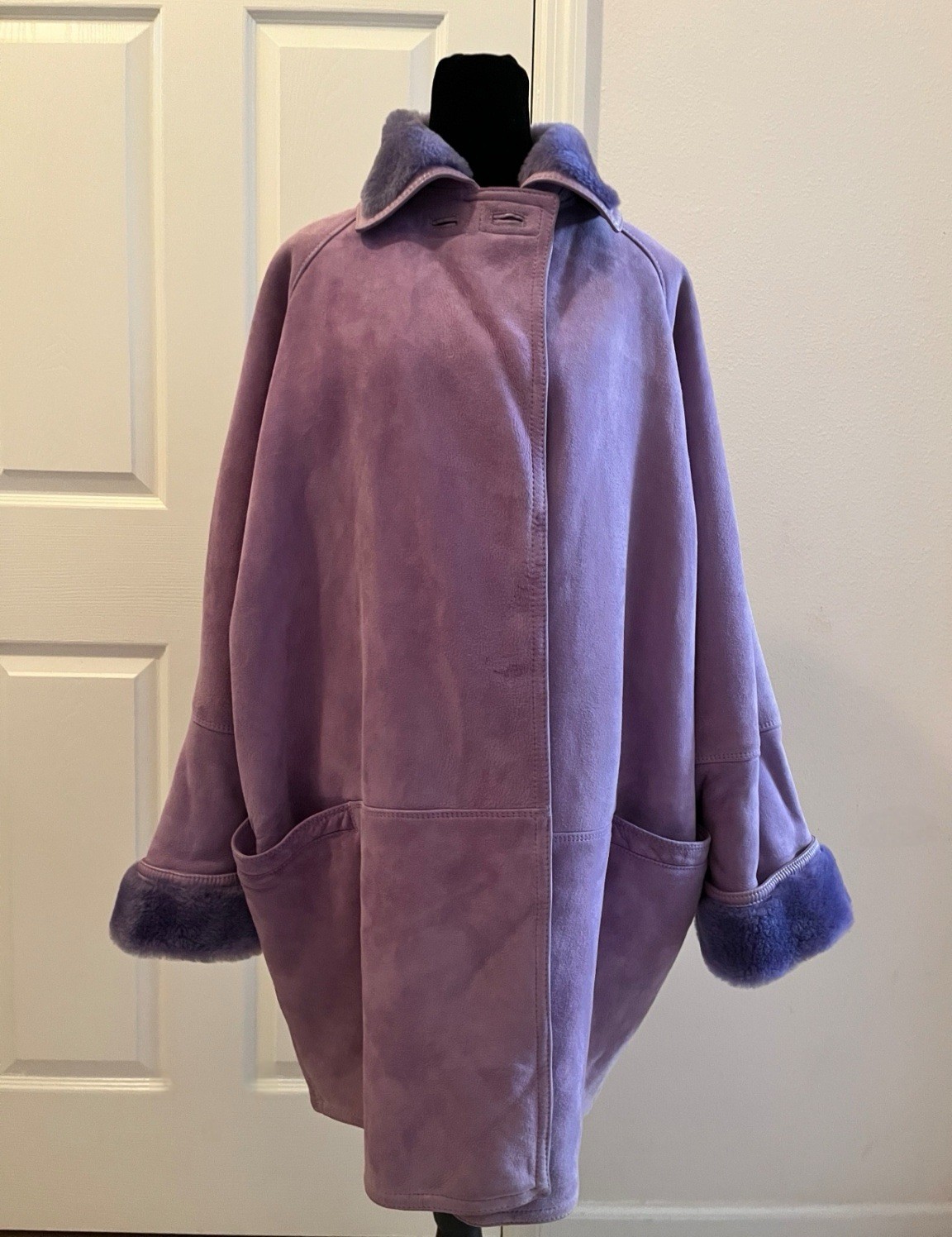 Vintage GIANNI VERSACE Purple Leather & Faux Fur Oversized Long Coat, Signed