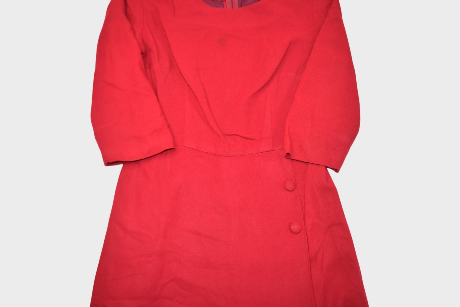 Vintage 60s Dress Womens Small Red Wool House Day Belted Midi 1/2 Sleeve