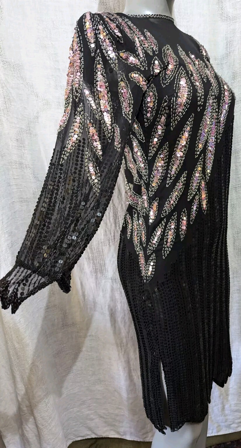 VTG Sho Max Originals Black Pink Silk Beads & Sequins Cocktail Dress PS
