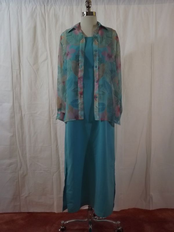 Summer SEA SUNS Aqua Blue SLEEVELESS DRESS & SHEER COVER UP XS Tropical Flowers