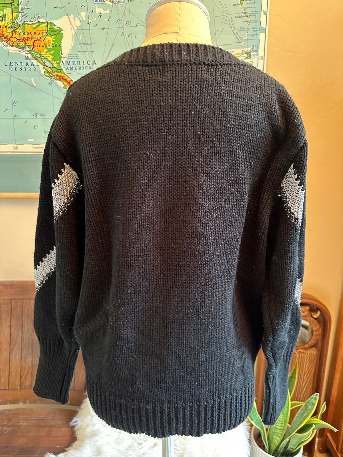 Vintage 80s 90s Maurada Black White Silver Geometric Diamond Holiday Sweater