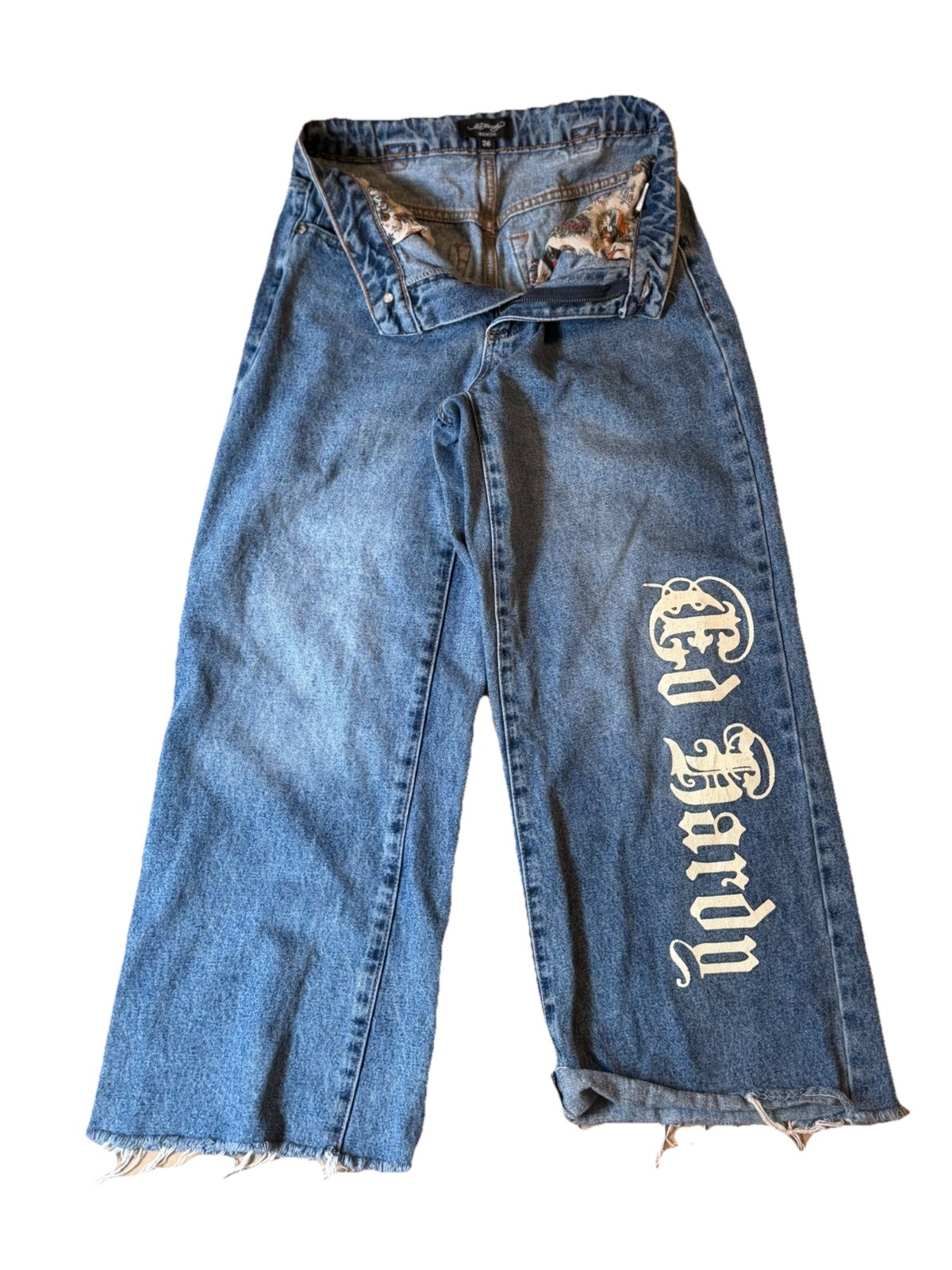 Vintage Ed Hardy Tiger Button Jeans 26×25 Wide Leg Y2K Graphic Print Born Free