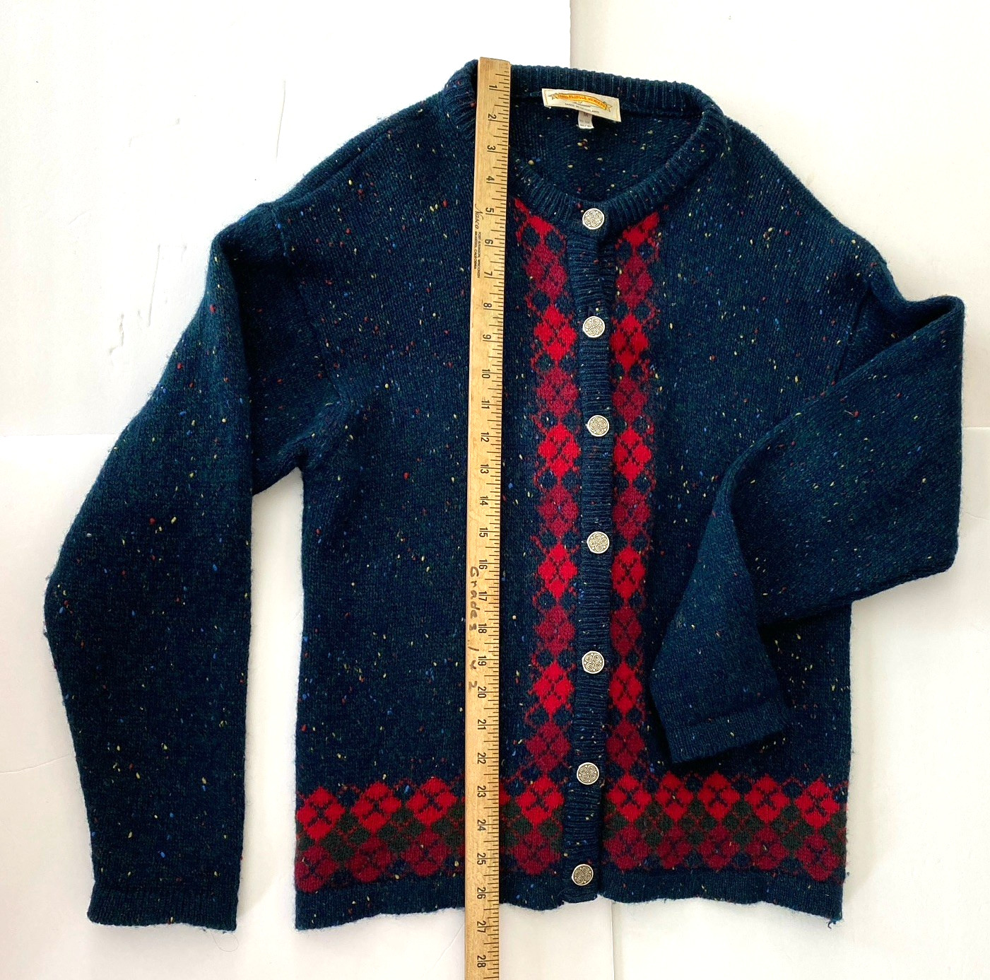 James Pringle Blue Red Argyle 7 Button Wool Cardigan 38/40 UK Celtic Knot 10/12