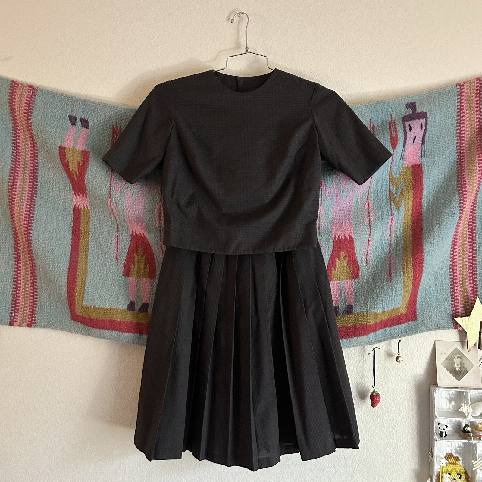 Vintage 50’s 60’s Miss Pat Brown Plaid Shirt & Pleated Skirt Set XS