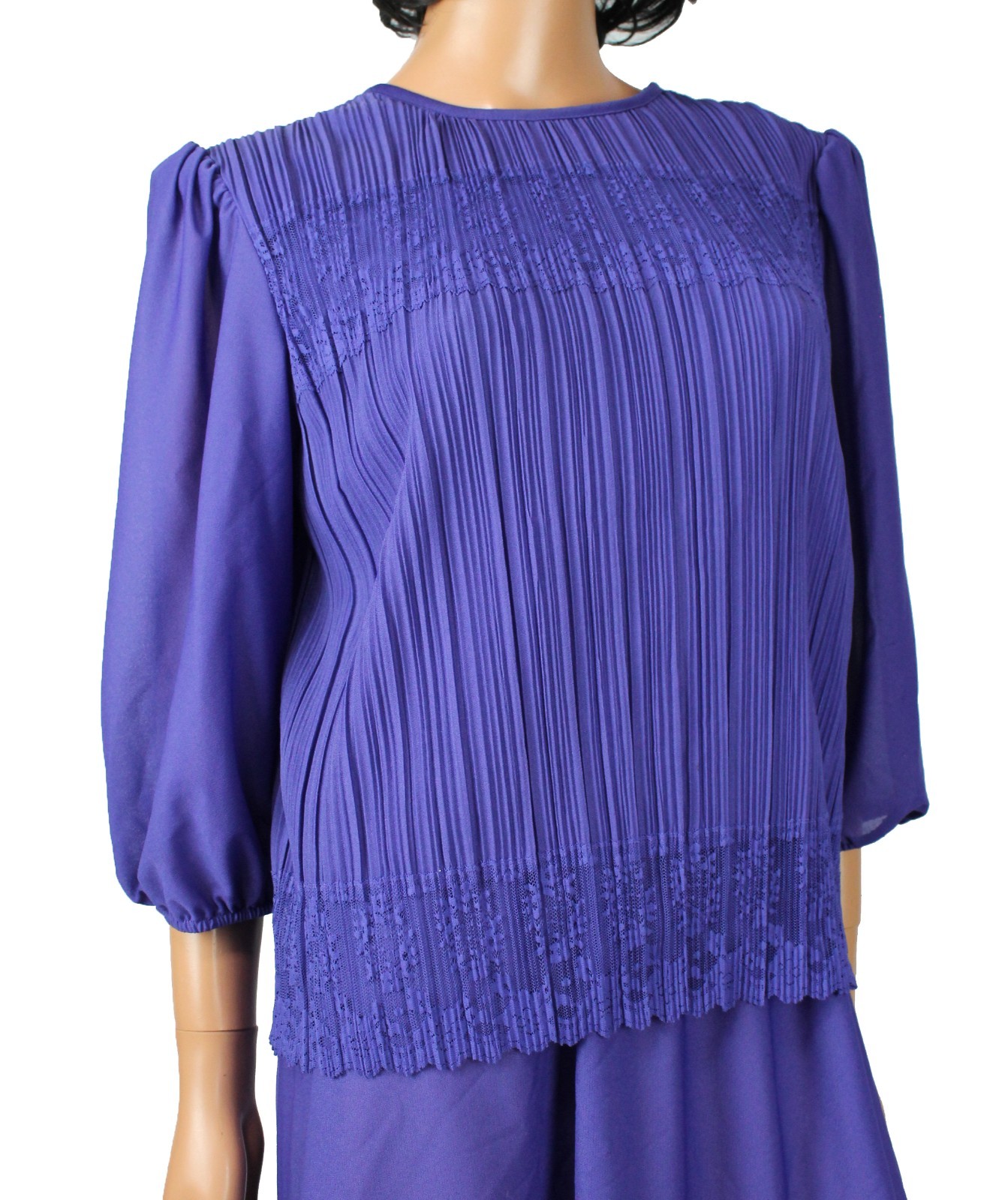 80s Secretary Dress 12P L Vintage Purple Pleated Stretchy Semi Sheer Crepe