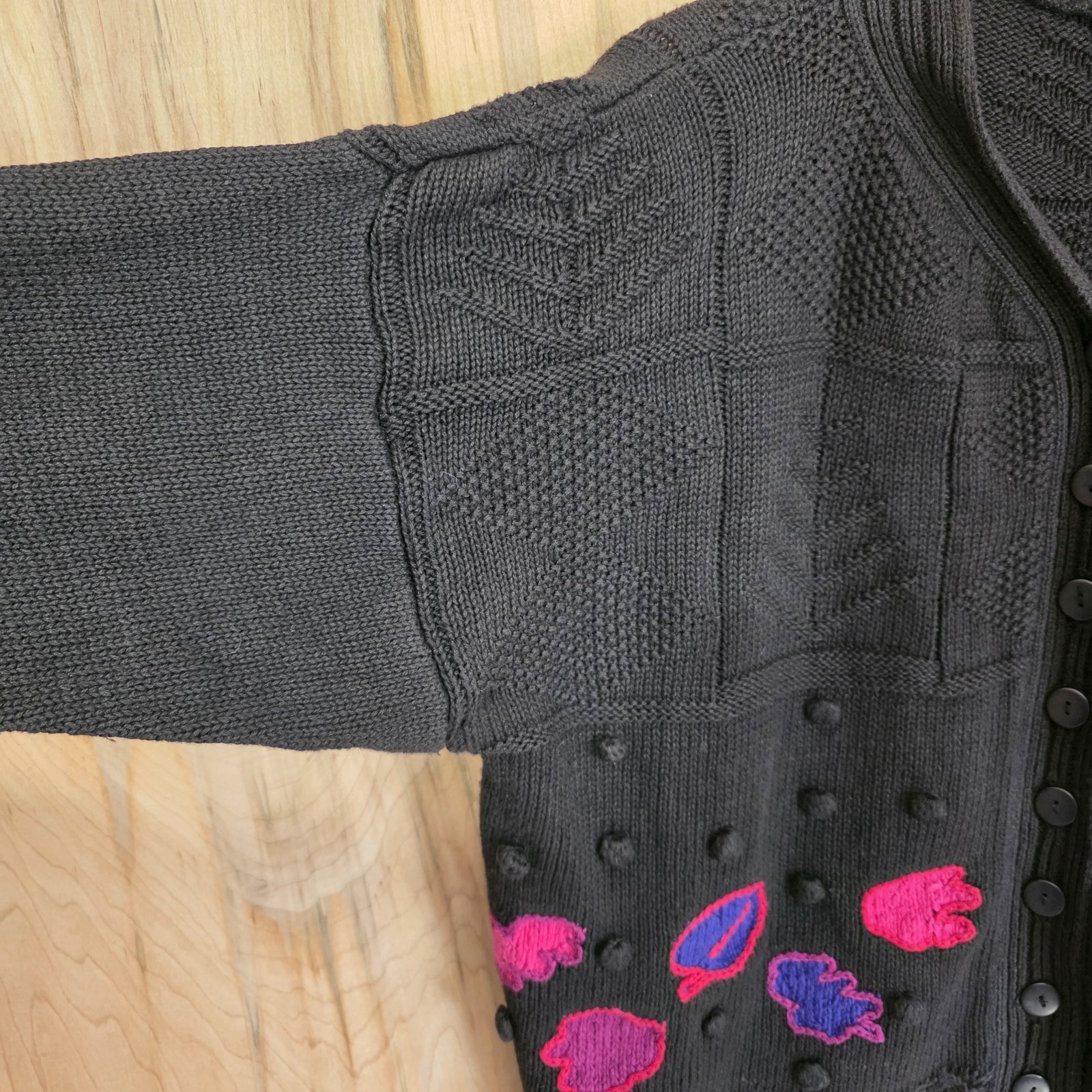 Generra Womens Vintage 80s Boxy Style Black Cotton Floral Cardigan Size Medium