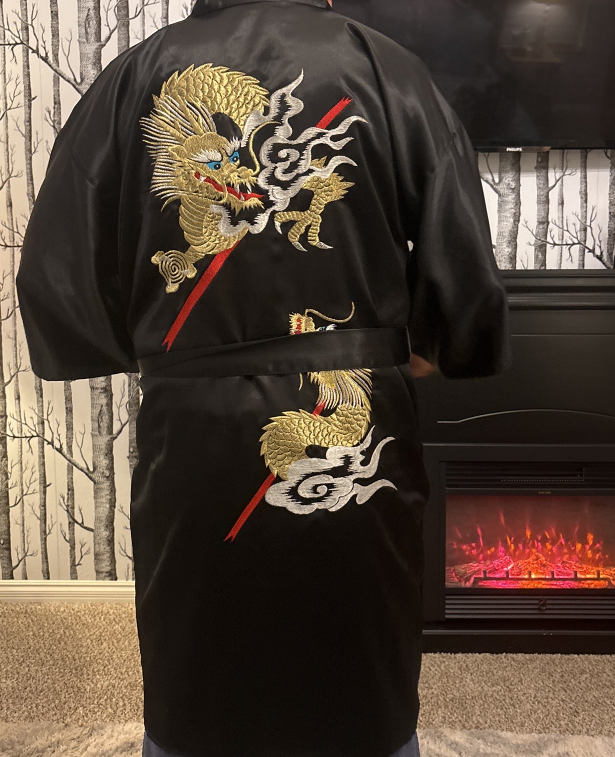 Ichiban Vintage Japanese Kimono Robe Black Satin Dragon Embroidered