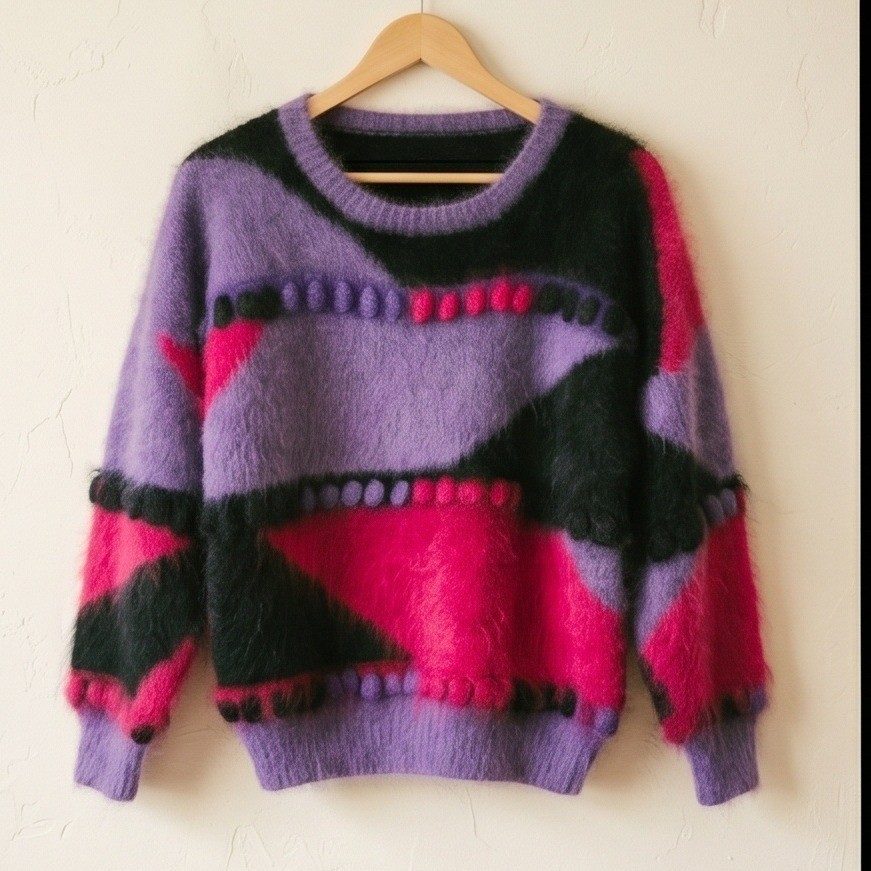 Vintage 80s L Angora Lambswool Abstract Colorblock Fuzzy Sweater Purple Pink