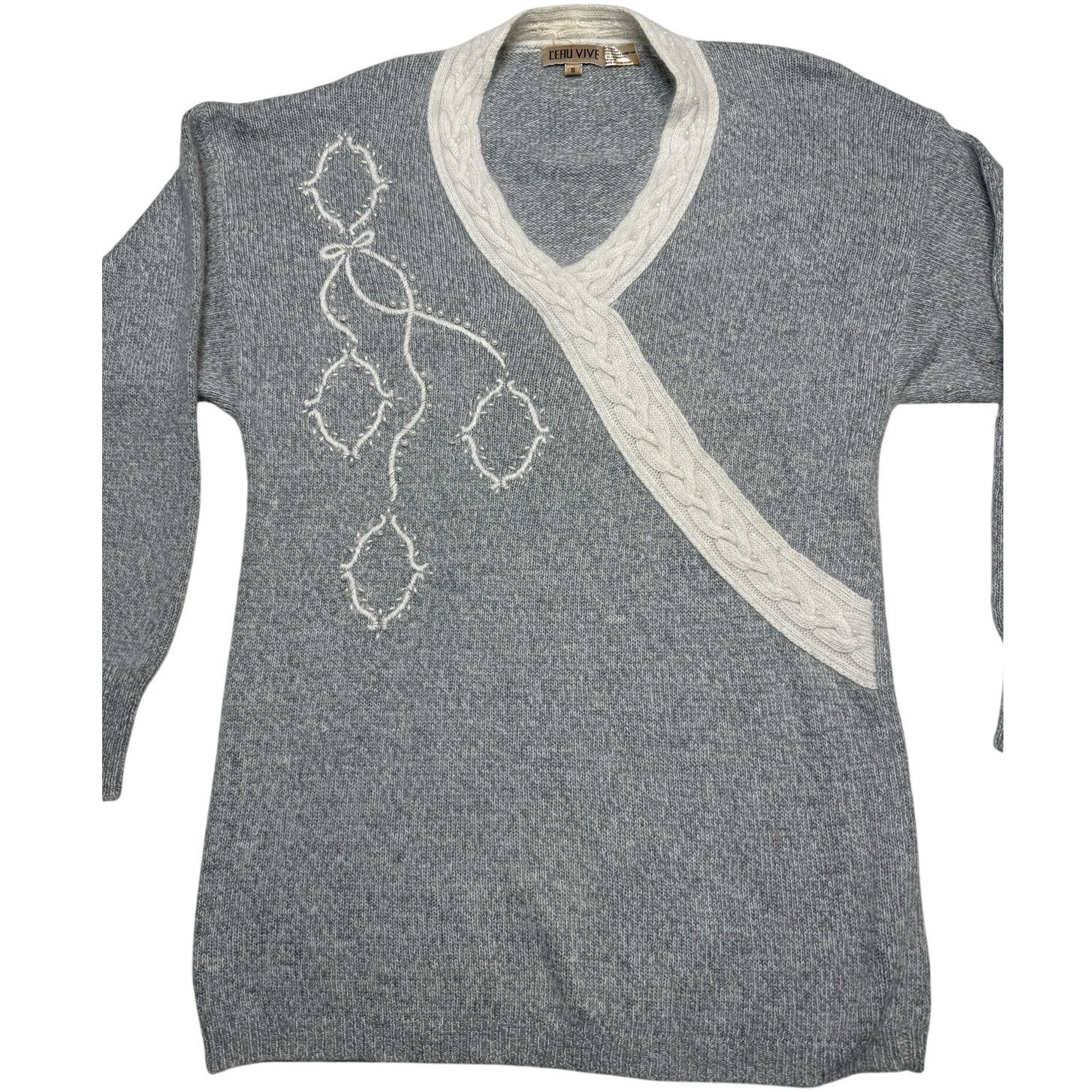 L’Eau Vive VTG Silk Angora Lambswool Sweater Small S Grey Knit Made Hong Kong