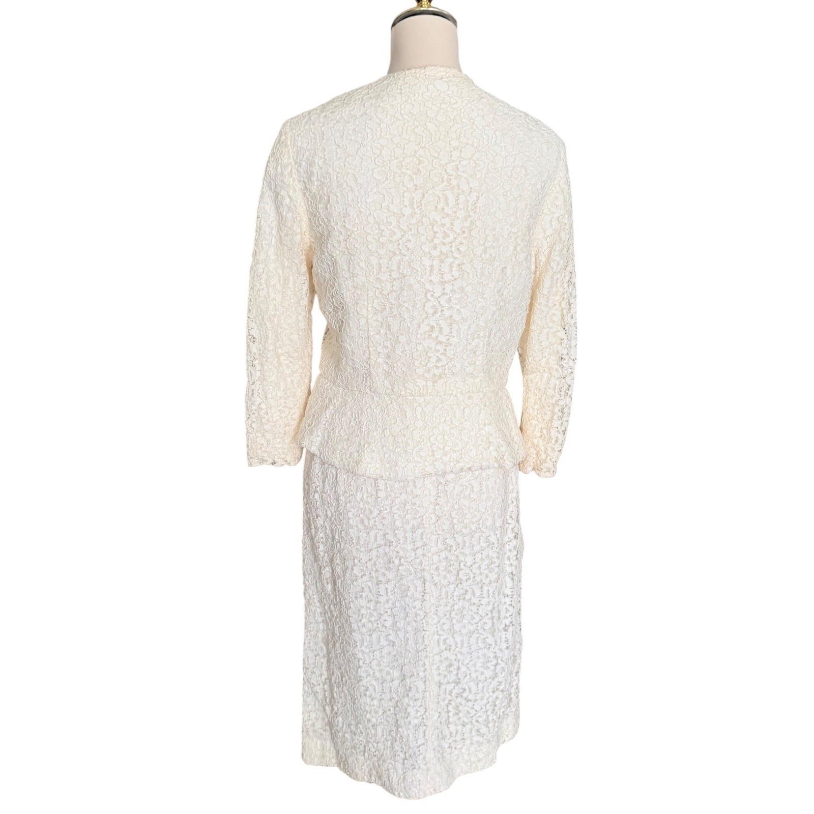 Vintage 1960s Ivory Lace Skirt Suit Set Peplum Jacket and Pencil Skirt 2 Piece