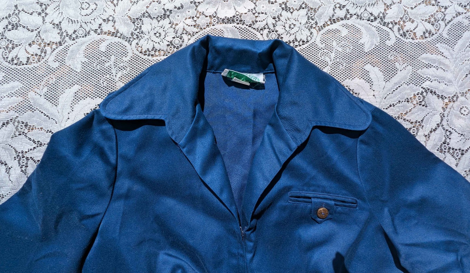 Retro Vintage 60s 70s Blue Bell bottom Round collar Zip Disco Work Jump Suit