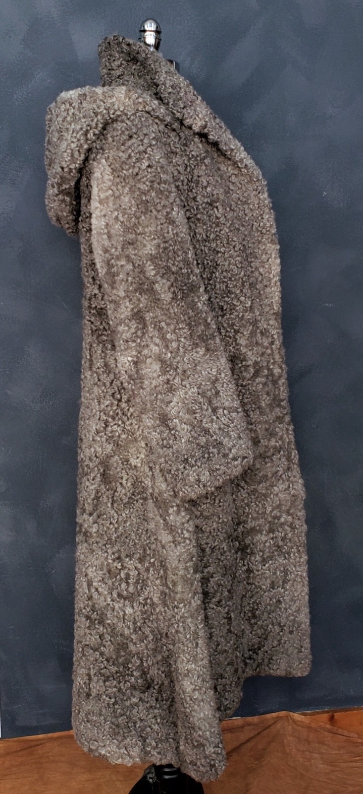 Vintage 50s Gray Greige Curly Viking Lamb Hooded Coat L EUC RARE