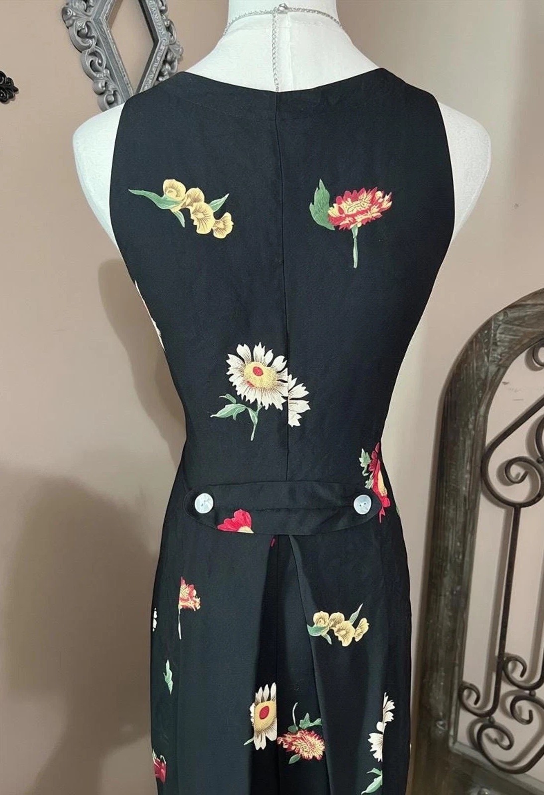 Vintage 90s Black Floral Button Down Tank Dress Cottagecore Boho Grunge Size L