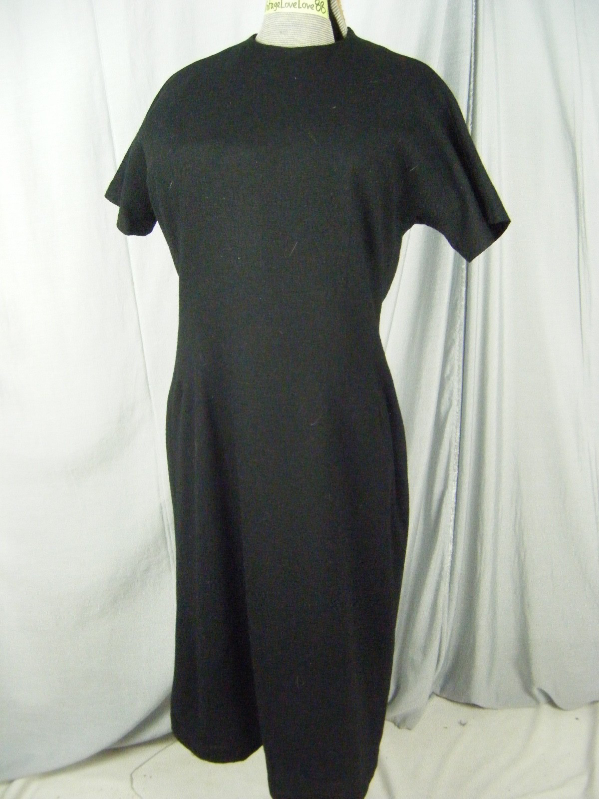 Vtg 60s Simple Black Wool Blended Sheath Dress-Bust 38/S-M
