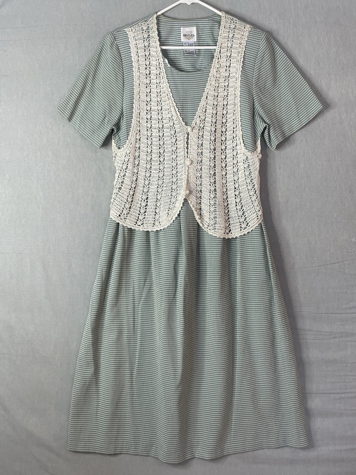TR Bentley Vintage Dress Size 16W Green Checkered with Attached Beaded Vest