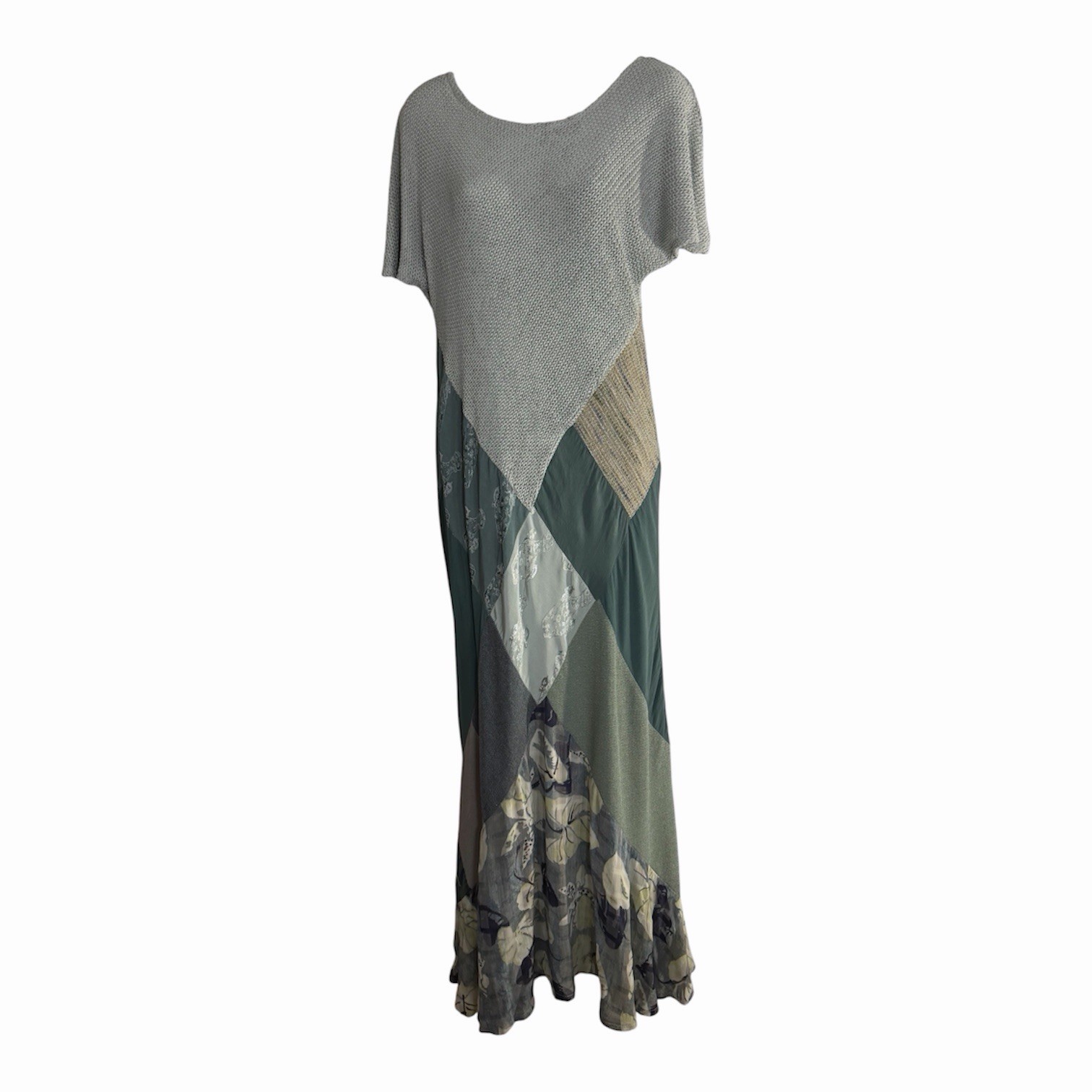 Vintage Y2K Patchwork Maxi Dress L Boho Mixed Media Knit Floral 90s Art To Wear