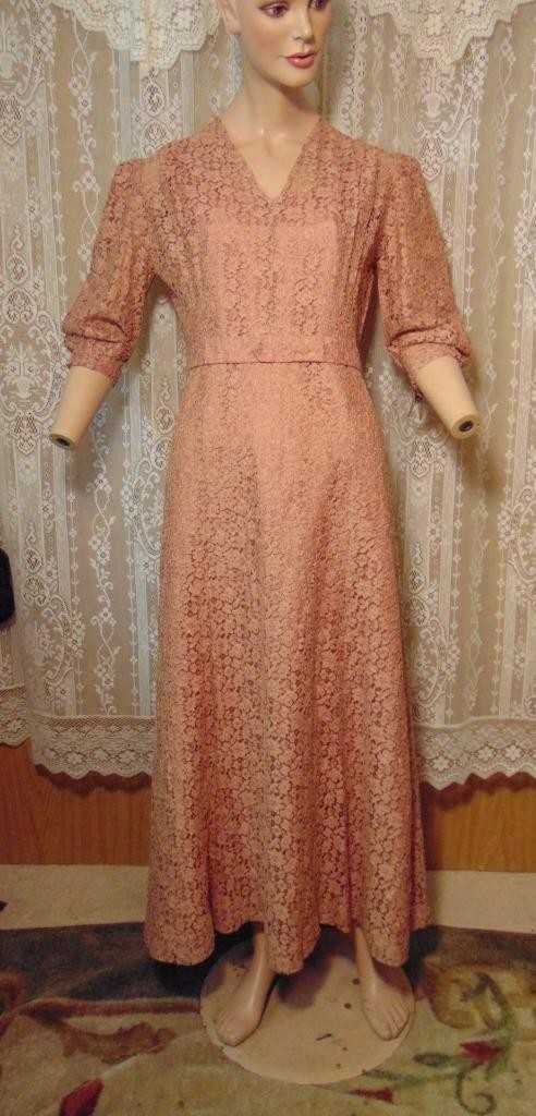 VTG 30s Peach Alencon Lace Puff Sleeve Dress & Matching Taffeta Slip 32W