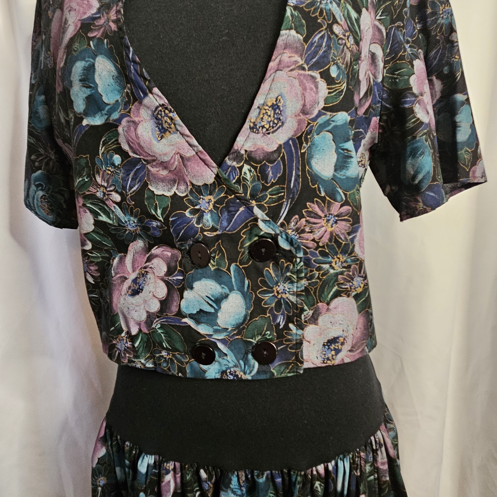 Vintage 80s Glenfrey Fashions Purple Floral Mini Dress 2 Piece Look Sz 7/8
