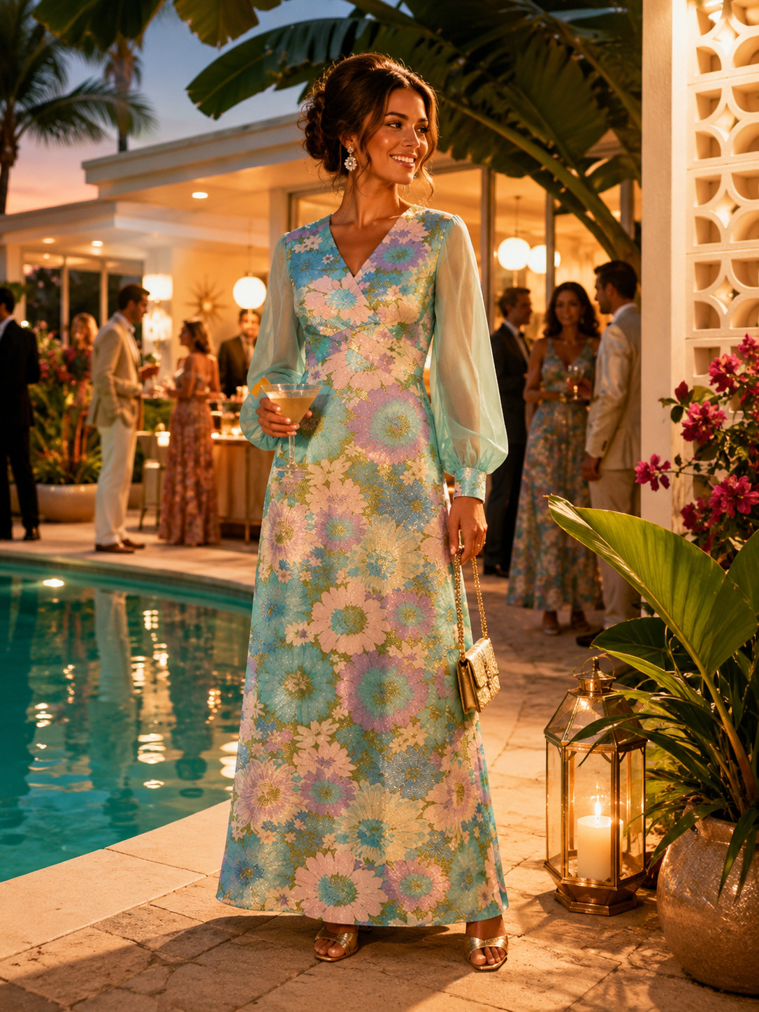 Vtg 70s floral lurex metallic sheer sleeve chiffon hostess formal maxi dress